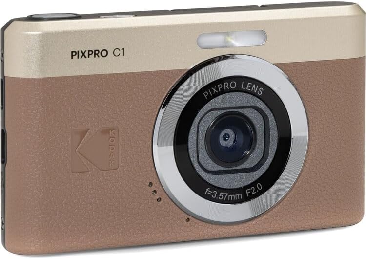 Kodak PIXPRO C1 Compact Digital Camera (Brown), 13MP Point and Shoot Camera for Selfies, Travel, Vlogging and Everyday Photos (C1-BN) + 32GB Card + Camera Bag + Cleaning Kit (7pc Bundle)