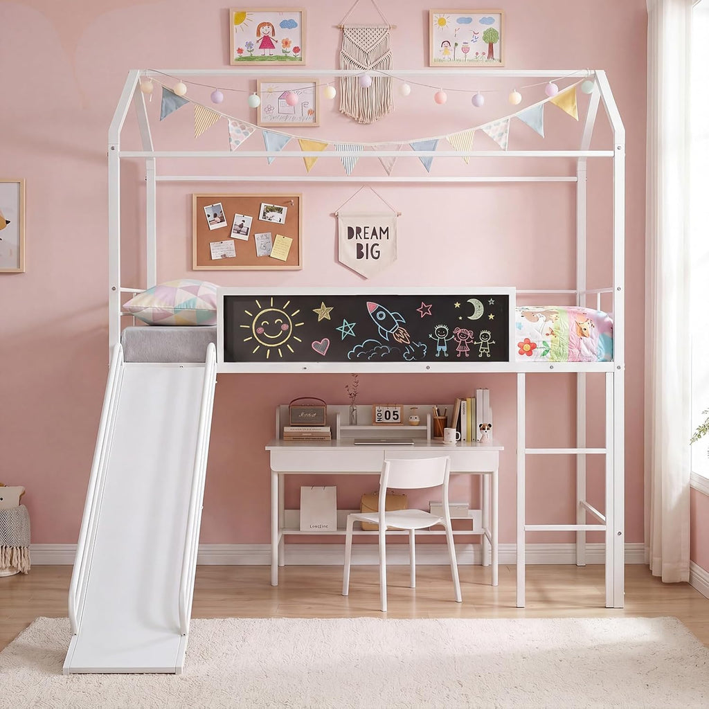 Giantex Twin Size House Loft Bed, Low Loft Bedframe w/Roof, Slide, Ladder, Chalkboard & Sturdy Metal Slats for Bedroom Dorm, Kids House Bed for Boys Girls, No Box Spring Needed (White)
