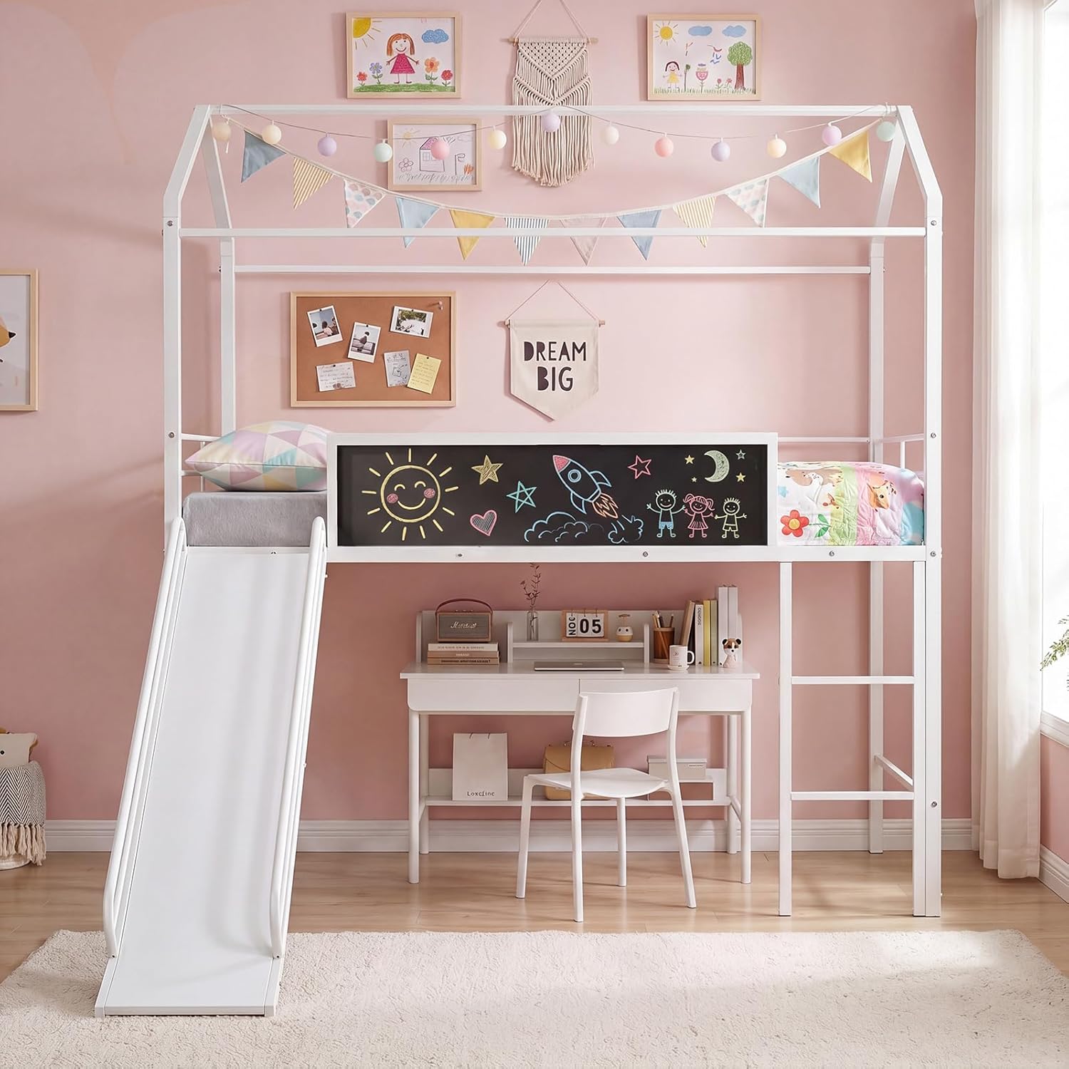 Giantex Twin Size House Loft Bed, Low Loft Bedframe w/Roof, Slide, Ladder, Chalkboard & Sturdy Metal Slats for Bedroom Dorm, Kids House Bed for Boys Girls, No Box Spring Needed (White)