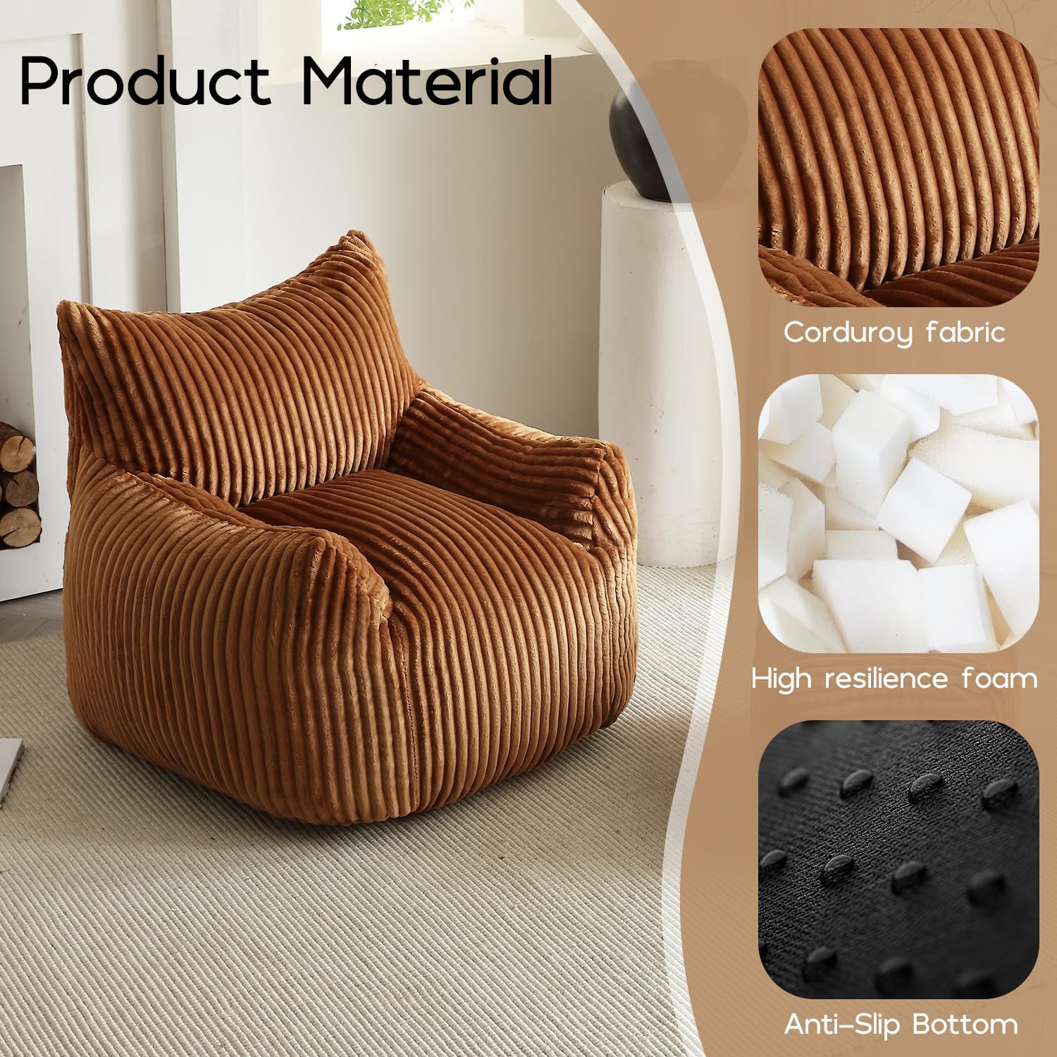 Giant Bean Bag Chair for Adults, Oversized Beanbag Sofa with Armrests and Back Support, Filler Included, Ultra Soft Stuffed Floor Couch for Bedroom, Reading and Lounging, Living Room(Brown)