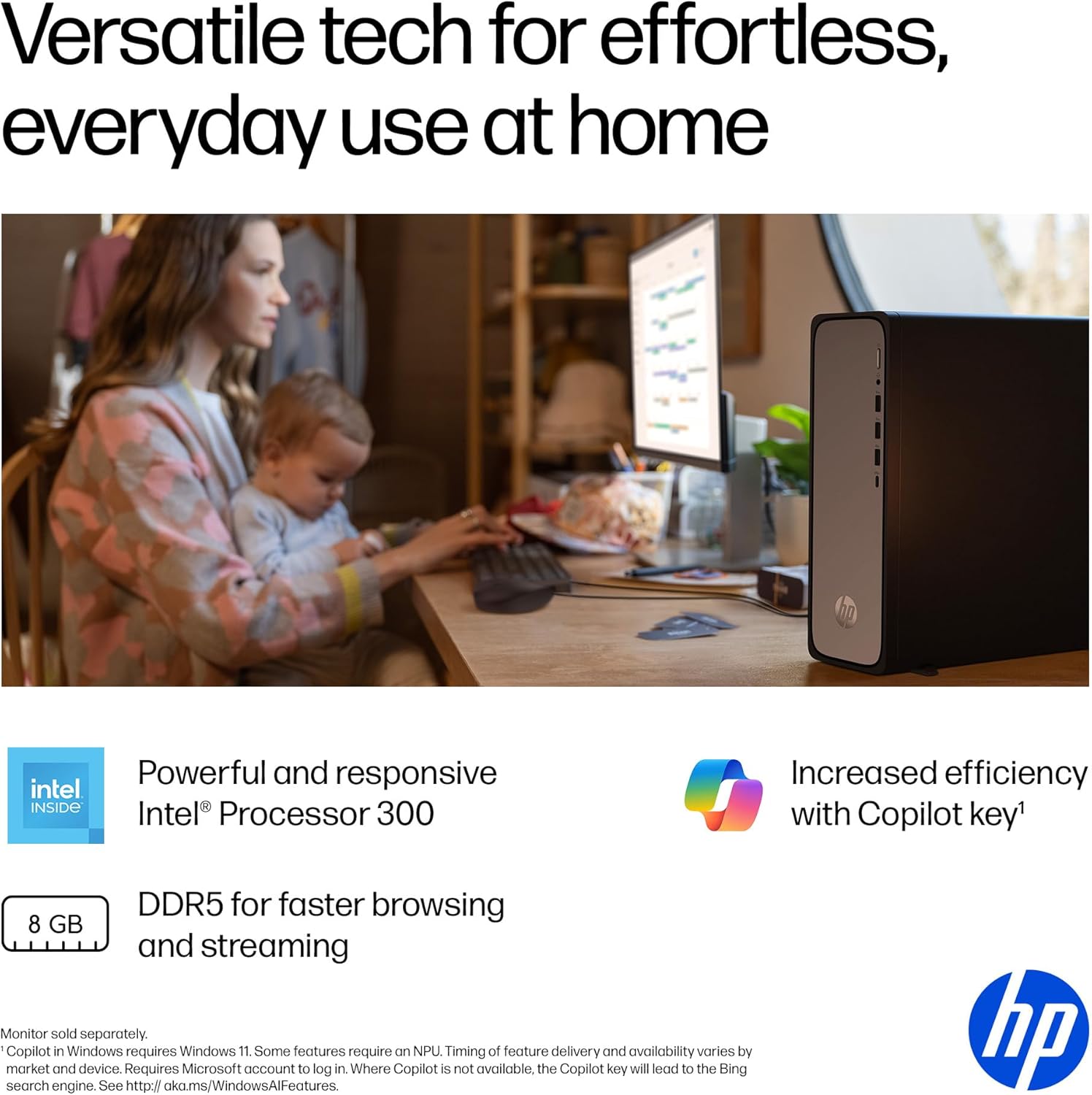 HP OmniDesk Slim Desktop PC, Intel Processor 300, 8 GB RAM, 256 GB SSD, Intel UHD Graphics 710, Windows 11 Home, Microsoft Copilot, Meteor Silver, S03-0010 (2025) (Renewed)