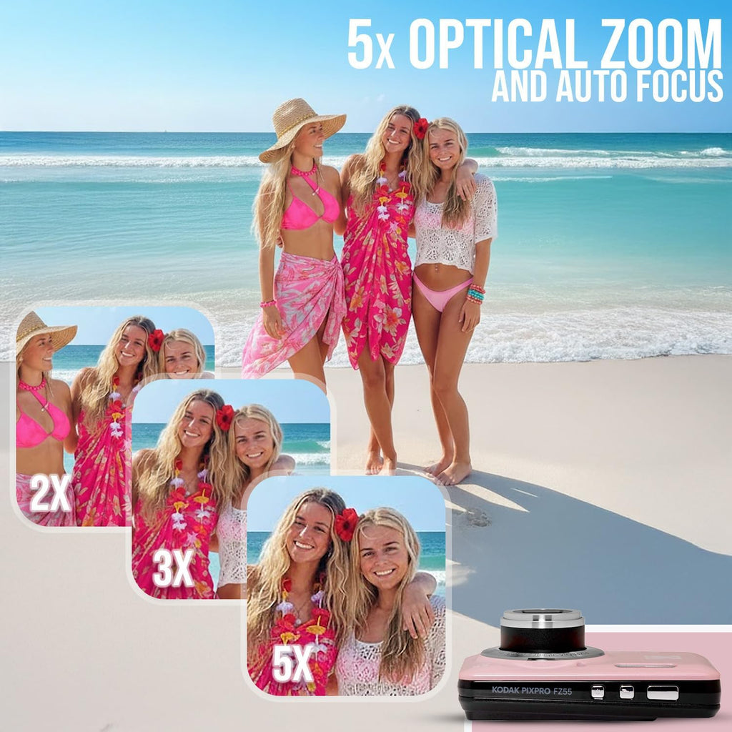 KODAK PixPro FZ55 Friendly Zoom Pastel Pink 16MP Full HD Digital Camera Bundle with High-Speed 128GB SD Card and Small Pouch Black Case (3 Items)
