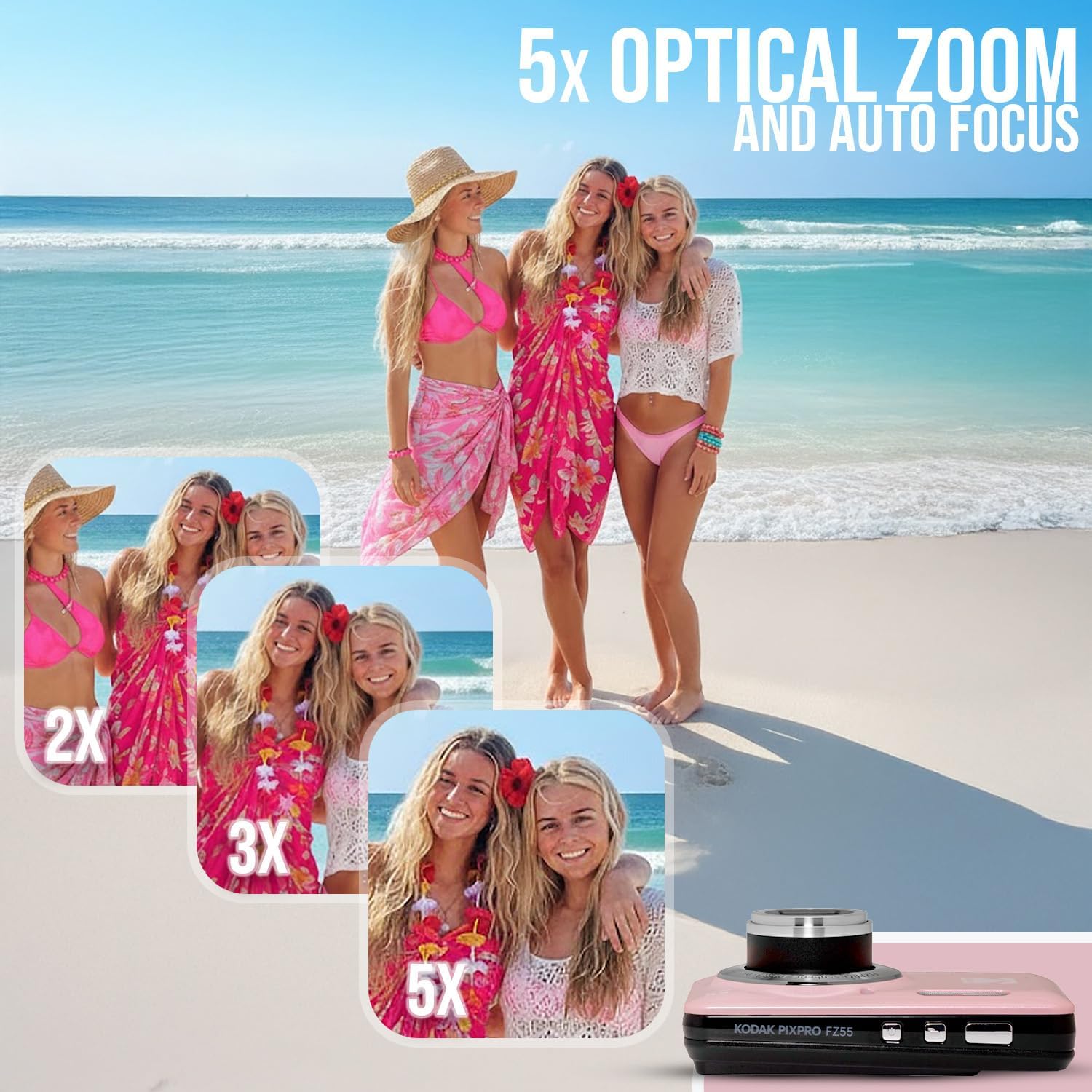 KODAK PixPro FZ55 Friendly Zoom Pastel Pink 16MP Full HD Digital Camera Bundle with High-Speed 128GB SD Card and Small Pouch Black Case (3 Items)