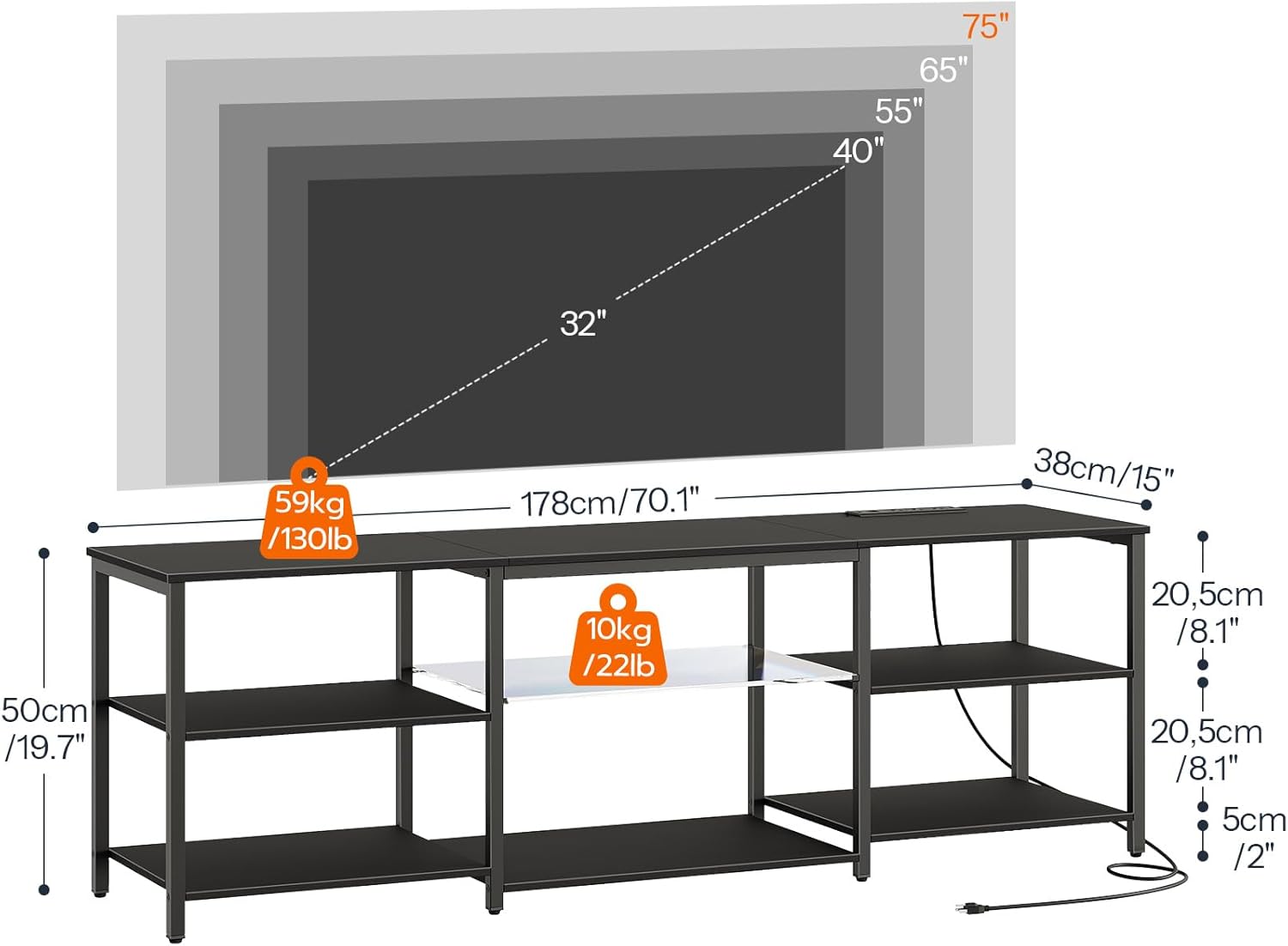 HOOBRO LED TV Stand for 75 Inch TVs with Charging Station, Gaming Entertainment Center with 3-Tier Open Storage, Long 70.1” Media TV Console Table, TV Stand for Living Room, Bedroom, Black BB22UDDS01