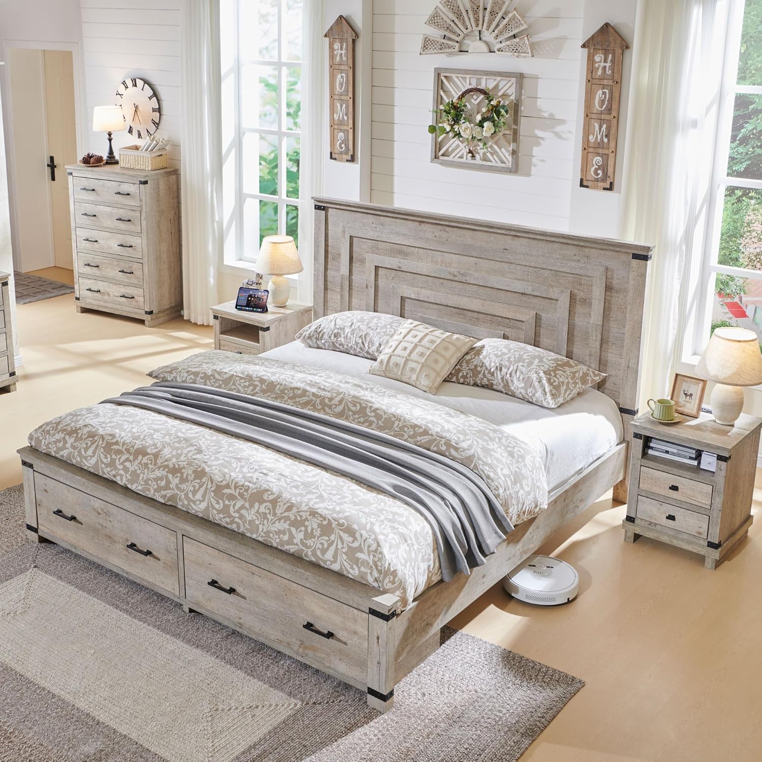 T4TREAM Farmhouse Queen Size Bed Frame with 54" Tall Geometric Headboard & 2 Large Storage Drawers, Rustic Wood Platform Bed with Wood Slats Support, No Box Spring Needed, Light Rustic Oak