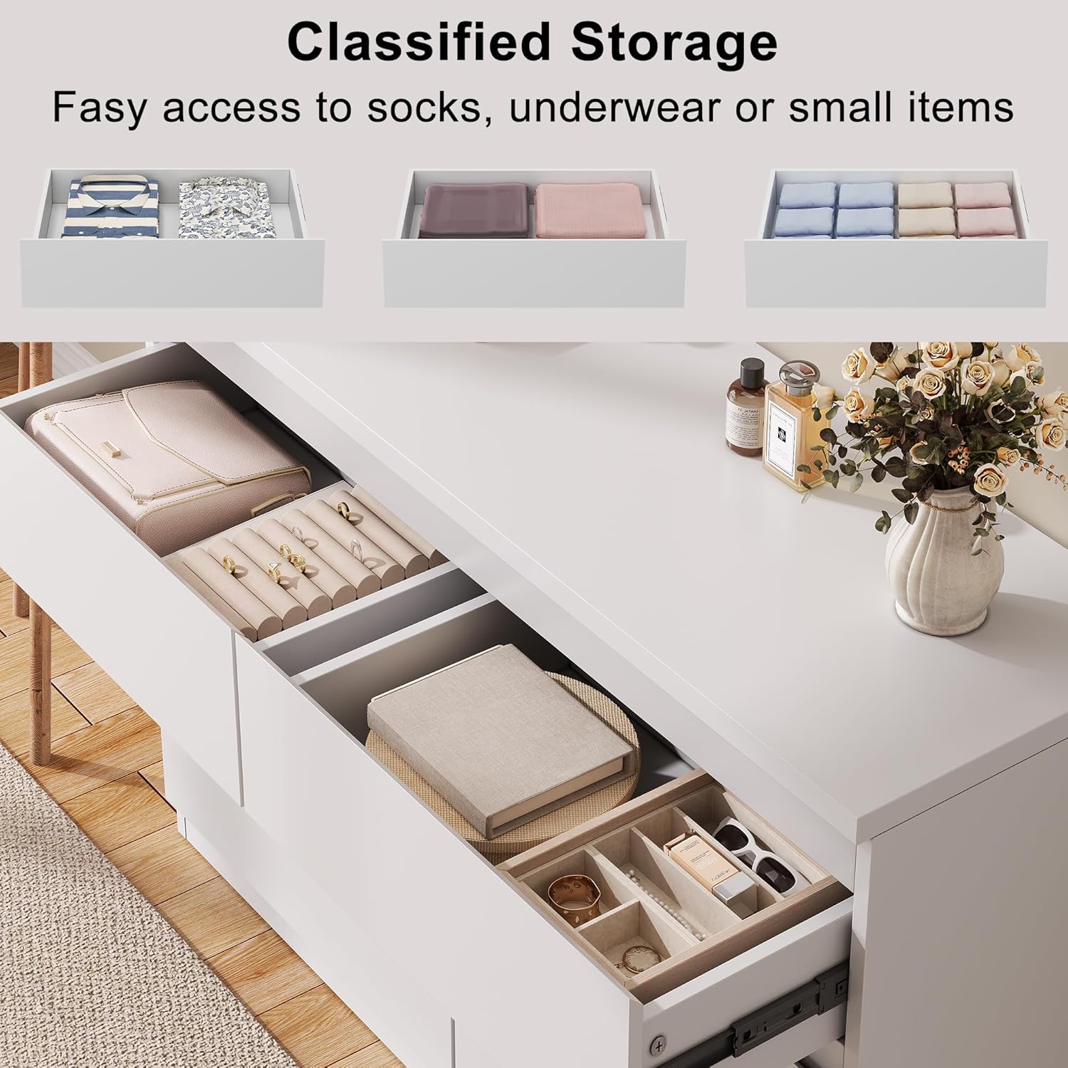 Jocoevol Modern 6 Drawer Dresser White Dresser for Bedroom, Simply Chest of Drawers, Wood Storage Dresser with Deep Drawers for Living Room Hallway Entryway, White