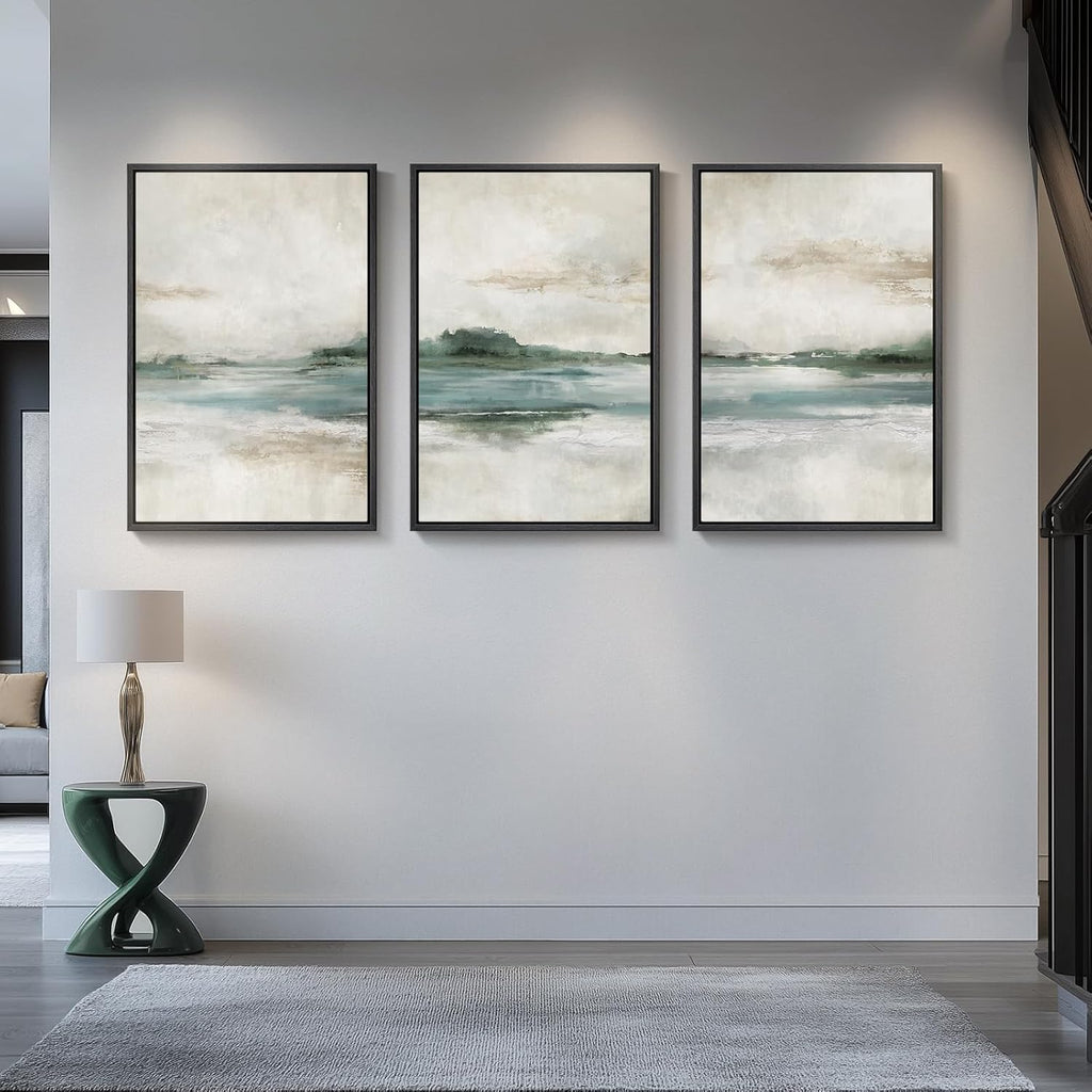 Large Framed Abstract Nature Landscape Wall Art for Living Room, Set of 3 Modern Canvas Prints Paintings Artwork for Walls, Green Lake Pictures for Hallway, Dining Room, Office Wall Decor 24x36 Inch