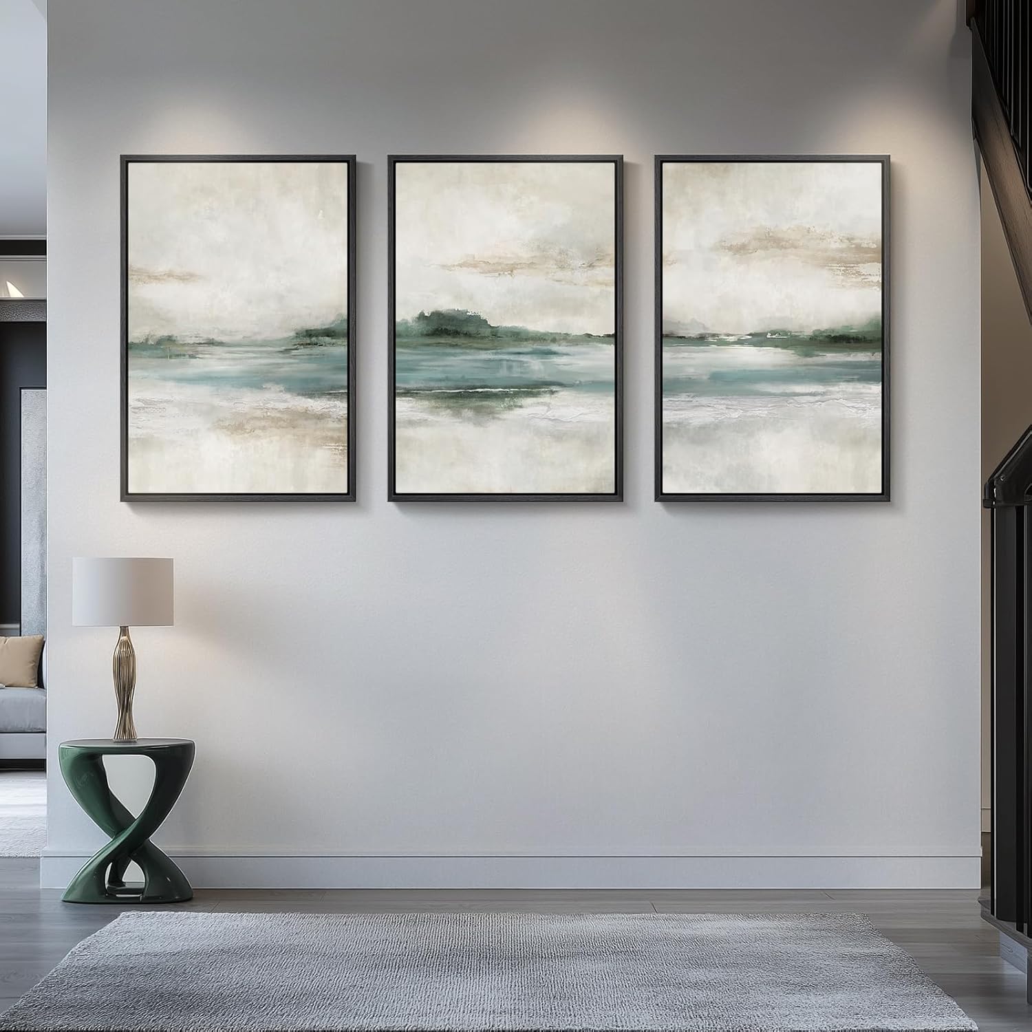 Large Framed Abstract Nature Landscape Wall Art for Living Room, Set of 3 Modern Canvas Prints Paintings Artwork for Walls, Green Lake Pictures for Hallway, Dining Room, Office Wall Decor 24x36 Inch