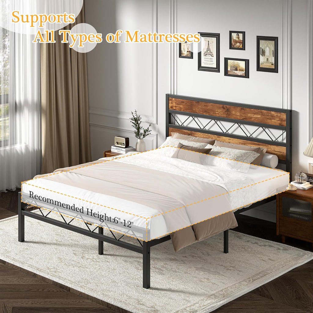 VECELO Queen Size Bed Frame with Headboard, Heavy-Duty Platform Bedframe with Metal Slats Support, No Box Spring Needed, Easy Assembly, Black & Brown