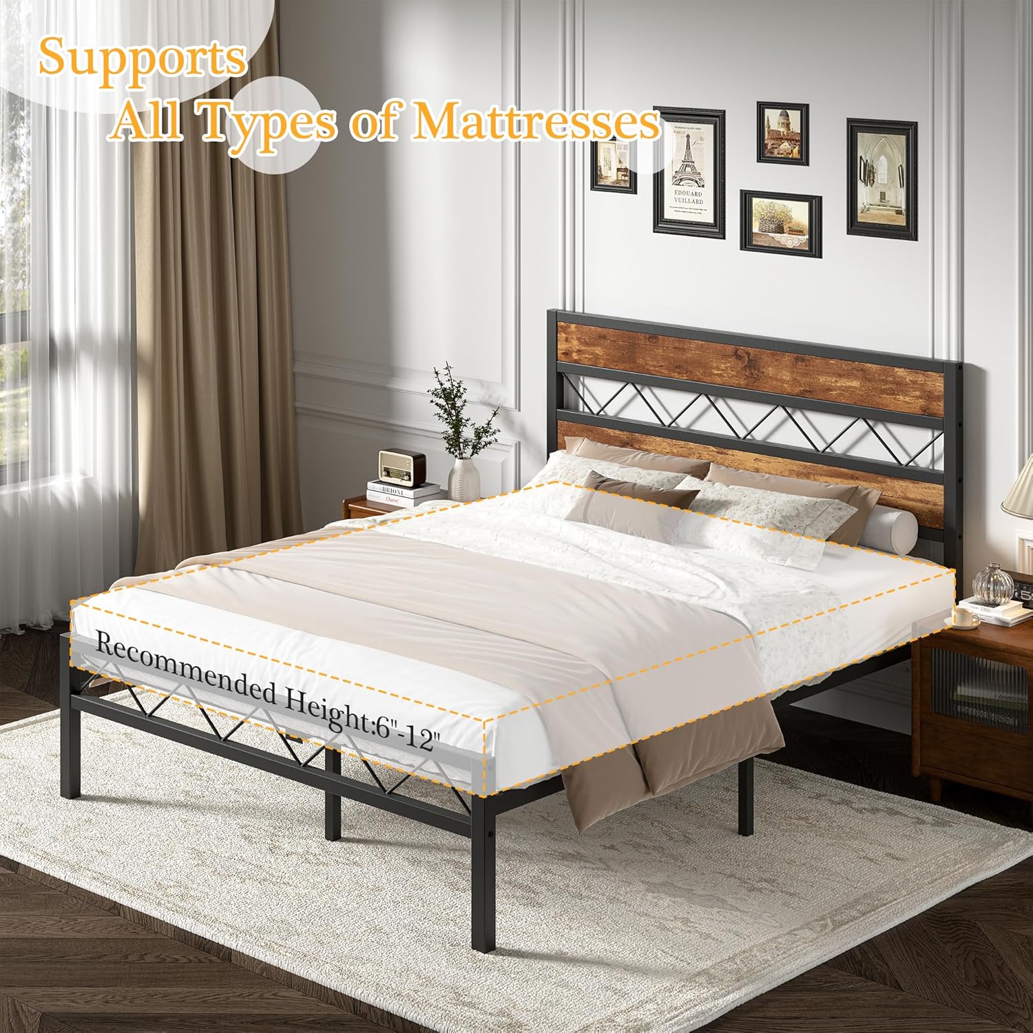 VECELO Queen Size Bed Frame with Headboard, Heavy-Duty Platform Bedframe with Metal Slats Support, No Box Spring Needed, Easy Assembly, Black & Brown