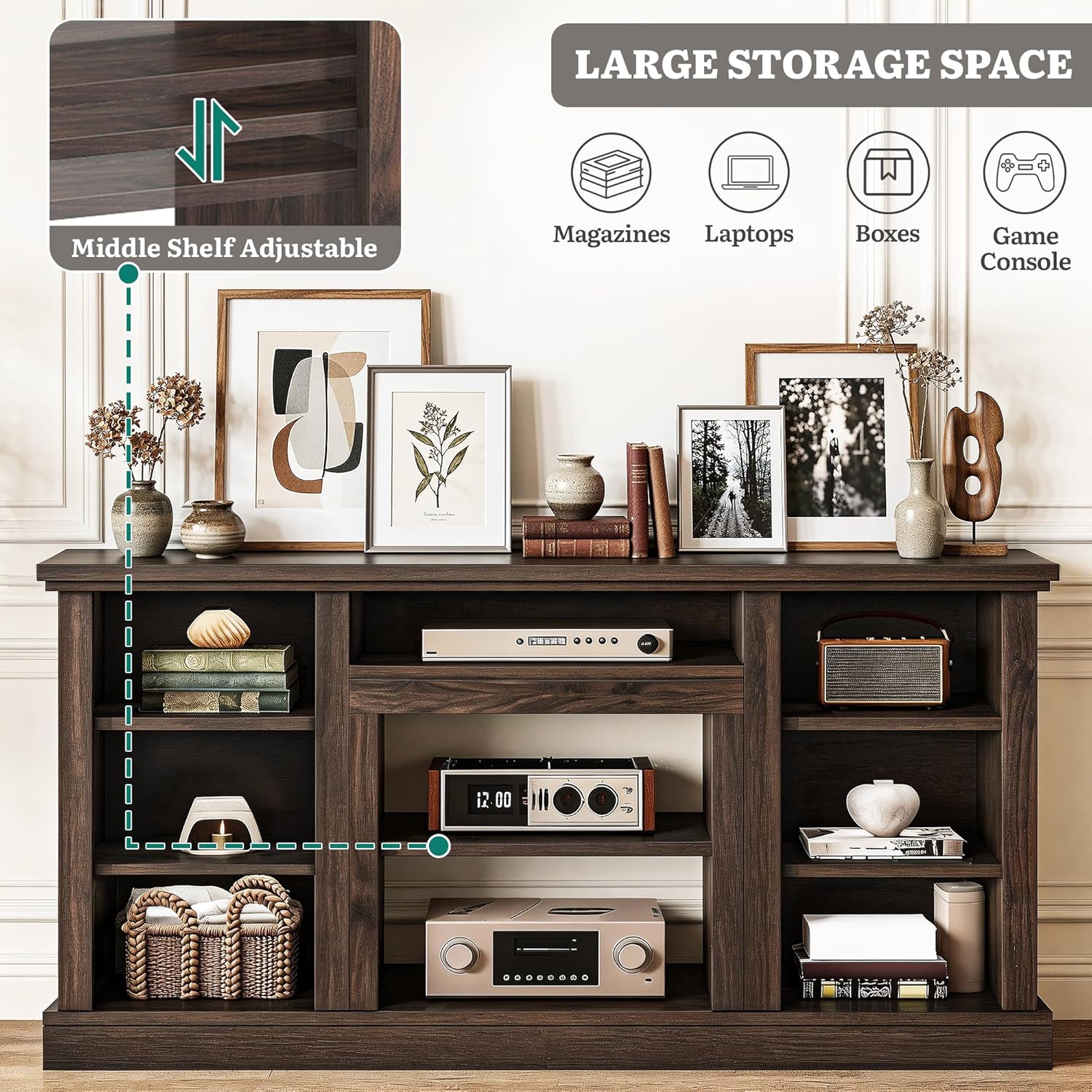 YITAHOME Farmhouse TV Stand for 75/80 Inch TVs, Entertainment Center with Adjustable Shelf & Open Storage, TV Console Table with Cord Management for Living Room, Bedroom (Walnut)