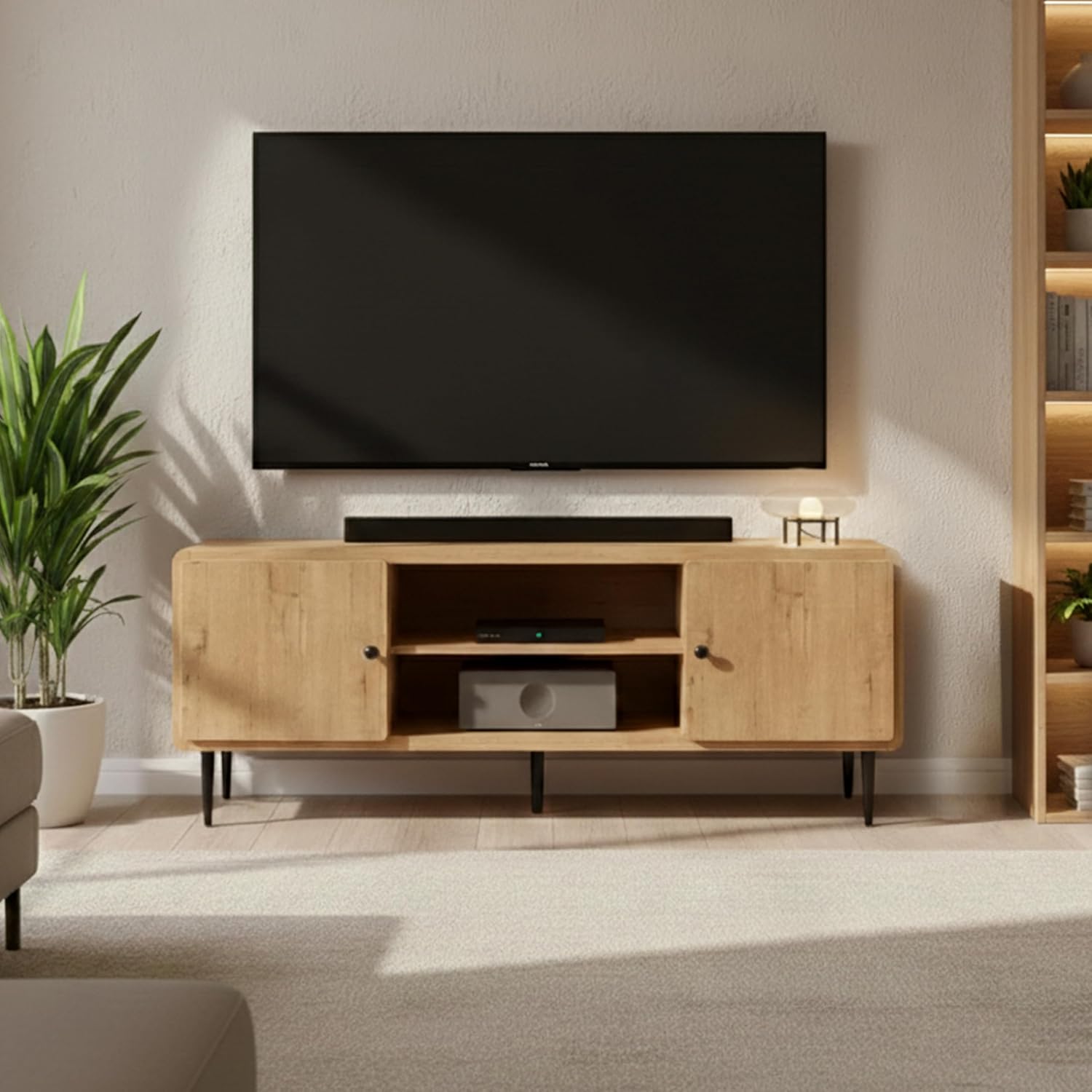 Techni Mobili Mid-Century Modern TV Stand with Storage Cabinets, Wooden Entertainment Center with Cable Management for Living Room, Fits TVs up to 60”