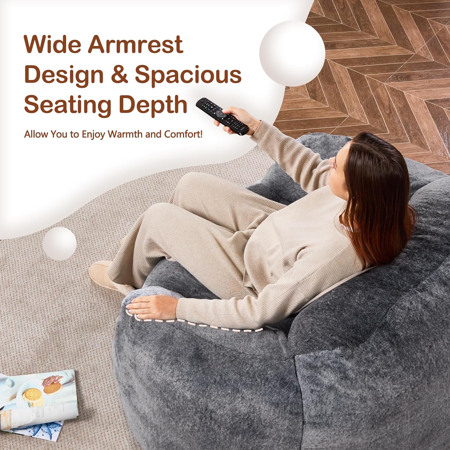 Homguava Bean Bag Chair Bean Bag Chairs for Adults Comfy Beanbag Chair with Spacious Design Oversized Bean Bag Sofa with Armrest Giant Bean Bag Chair with Filler for Living Room Bedroom (Grey)