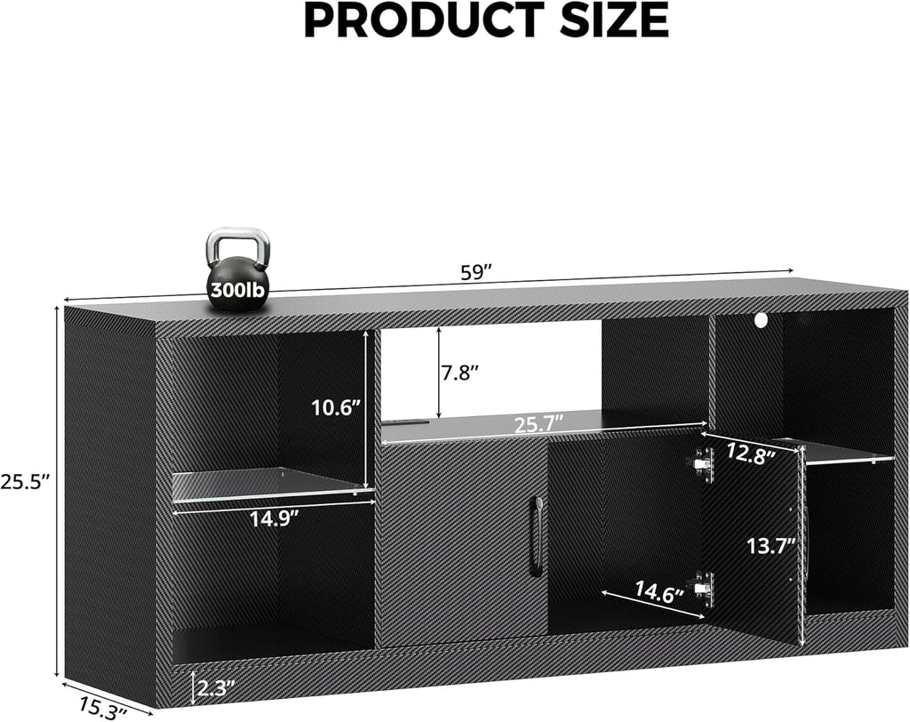 IRONCK TV Stand for TVs 65 inch with Power Outlet and LED Lights, Carbon Fiber Entertainment Center with Storage Cabinets, Adjustable Glass Shelves, Modern TV Stands for Living Room, Black