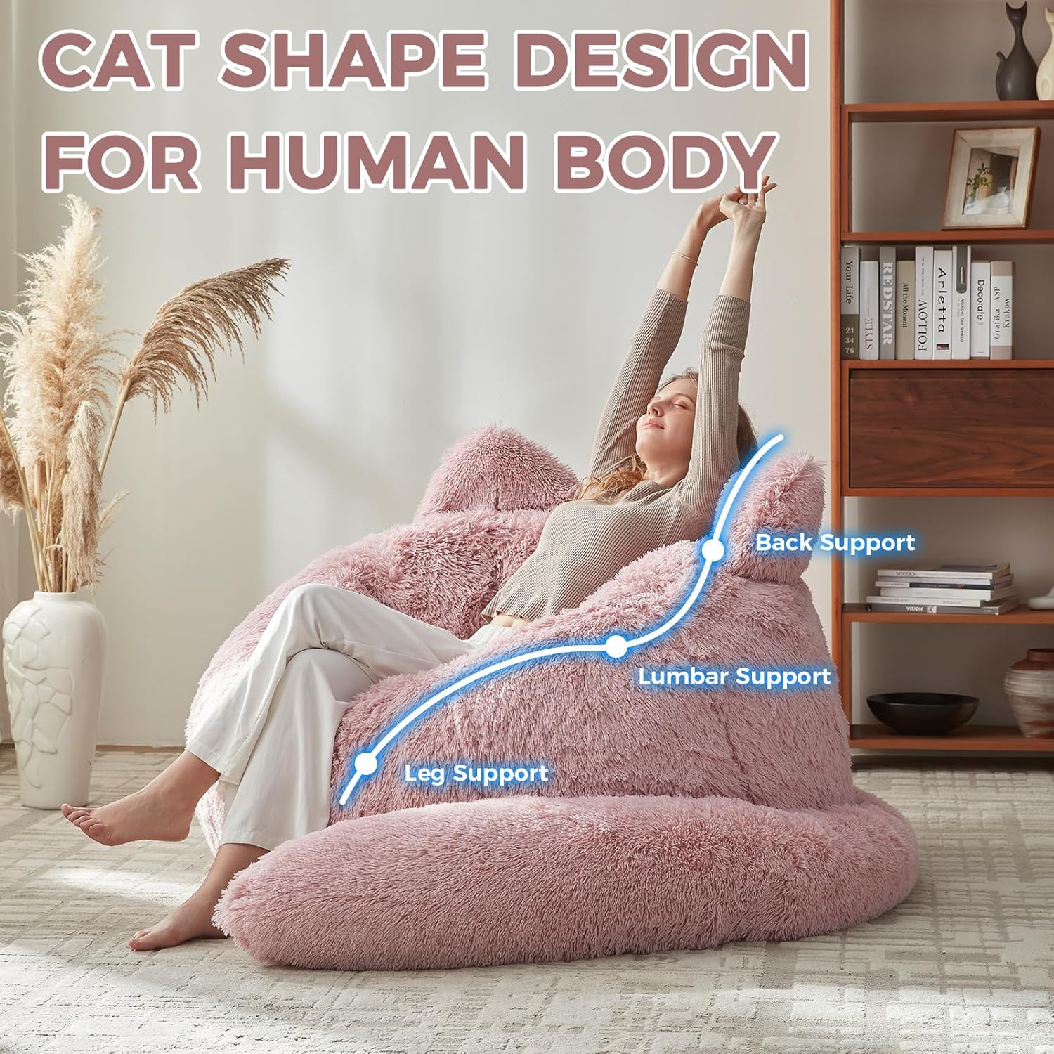 EBENCHICO Bean Bag Chair for Adults Teen,Giant Bean Bag Chairs Cat Design,Plush Faux Fur Beanbag Couch Comfy Accent Floor Sofa for Reading, Playing, Relaxing in Living Room, Bedroom