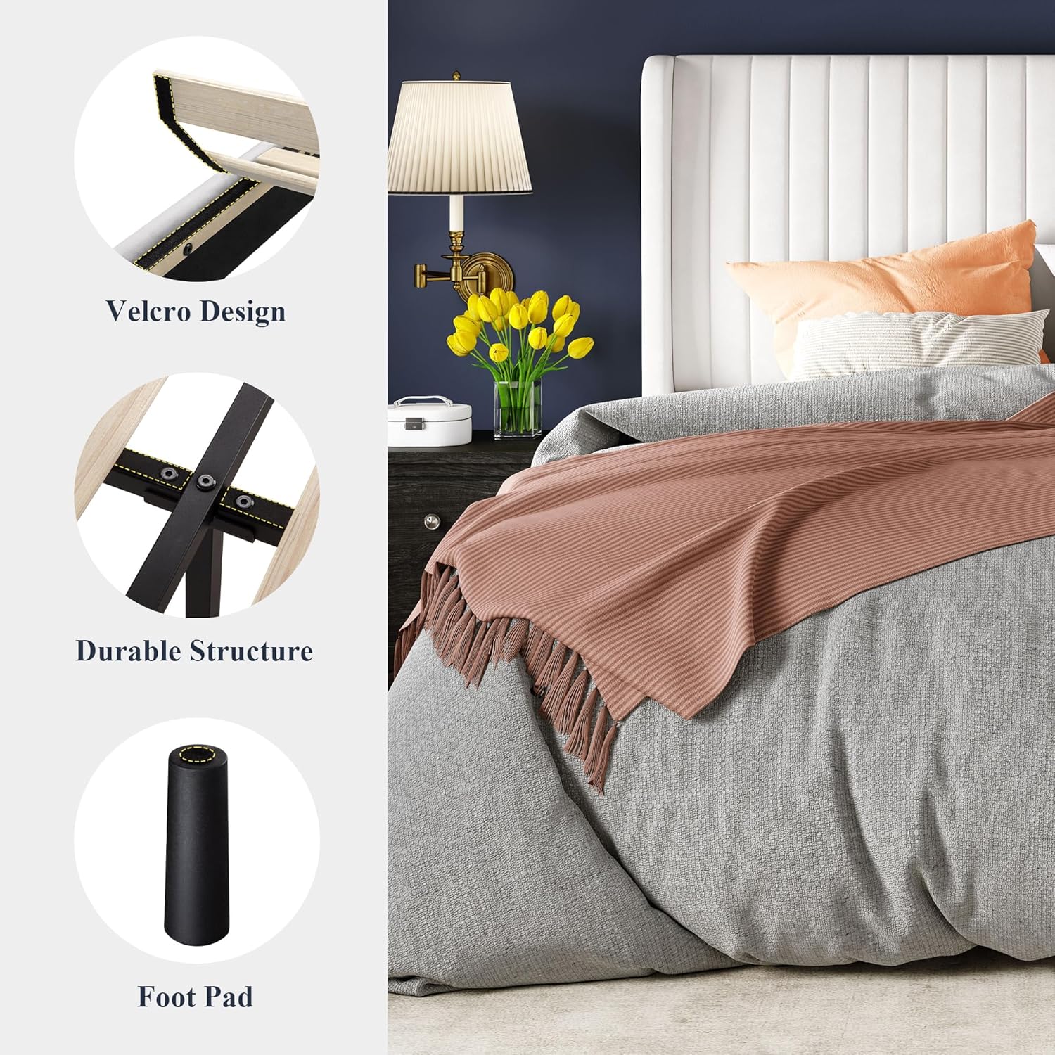 Allewie Queen Size Velvet Bed Frame/Vertical Channel Tufted Wingback Headboard/Upholstered Platform Bed/Strong Wooden Slats/No Box Spring Needed/Easy Assembly/White