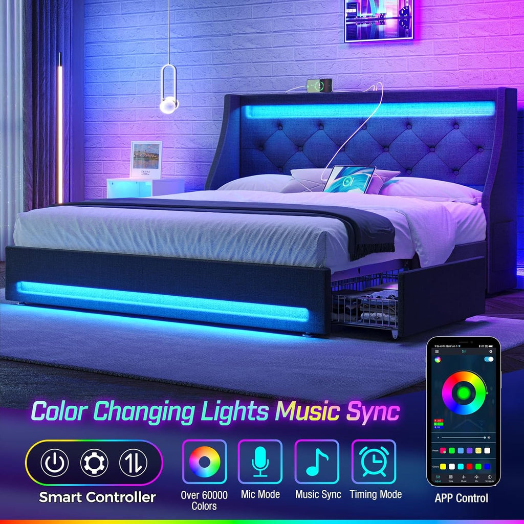 Rolanstar Full Bed Frame with LED Lights and Charging Station, Upholstered Bed with Drawers, Wooden Slats, Noise Free, Easy Assembly, Dark Gray