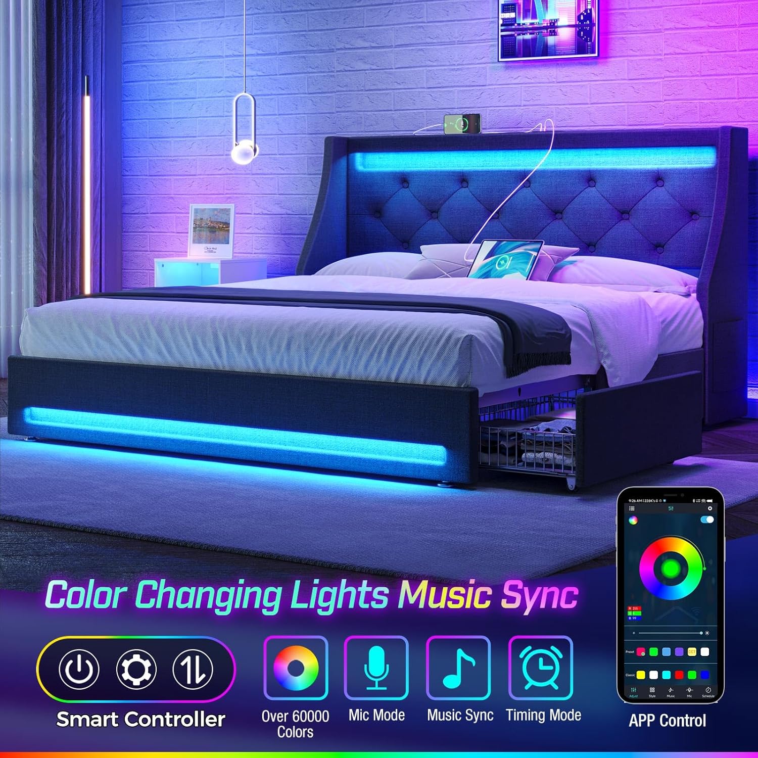 Rolanstar Full Bed Frame with LED Lights and Charging Station, Upholstered Bed with Drawers, Wooden Slats, Noise Free, Easy Assembly, Dark Gray
