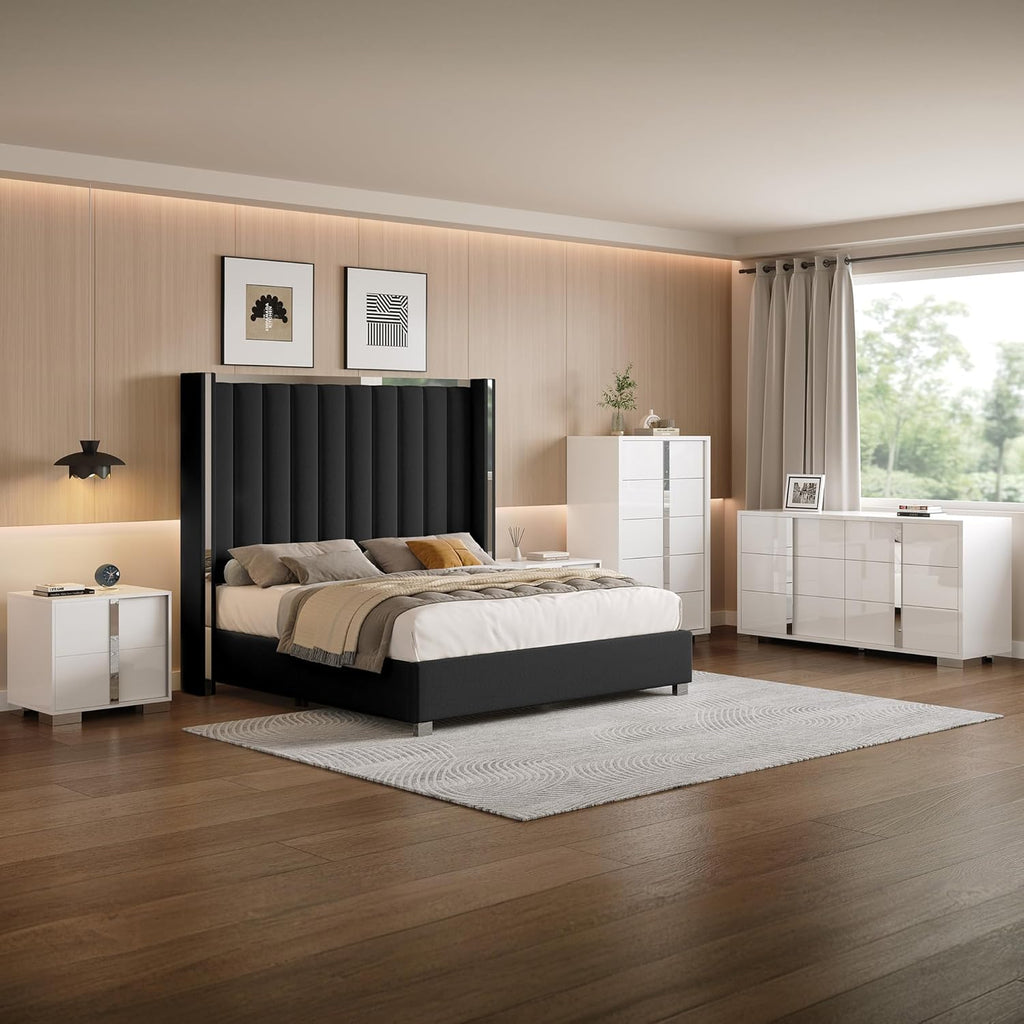 AMERLIFE 3-Piece Modern Bedroom Set King – Black Upholstered Bed Frame with 58" Wingback Headboard and 2 White Nightstands