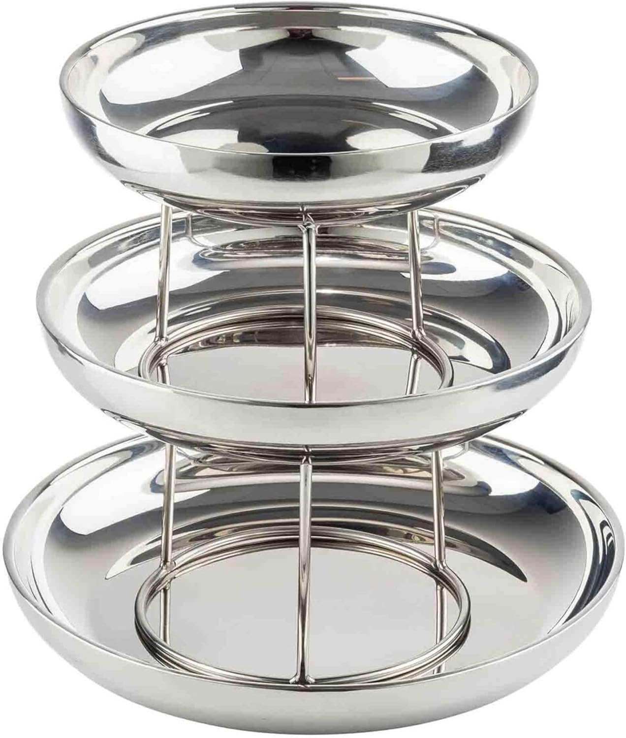TableCraft 12913 Three-Tiered Seafood Tower, Double-Wall Stainless Steel Display with Polished Mirror Finish, Round 10", 12" & 14" Bowls, Elevated Chilled Presentation, 14" x 14" x 13.75", Silver