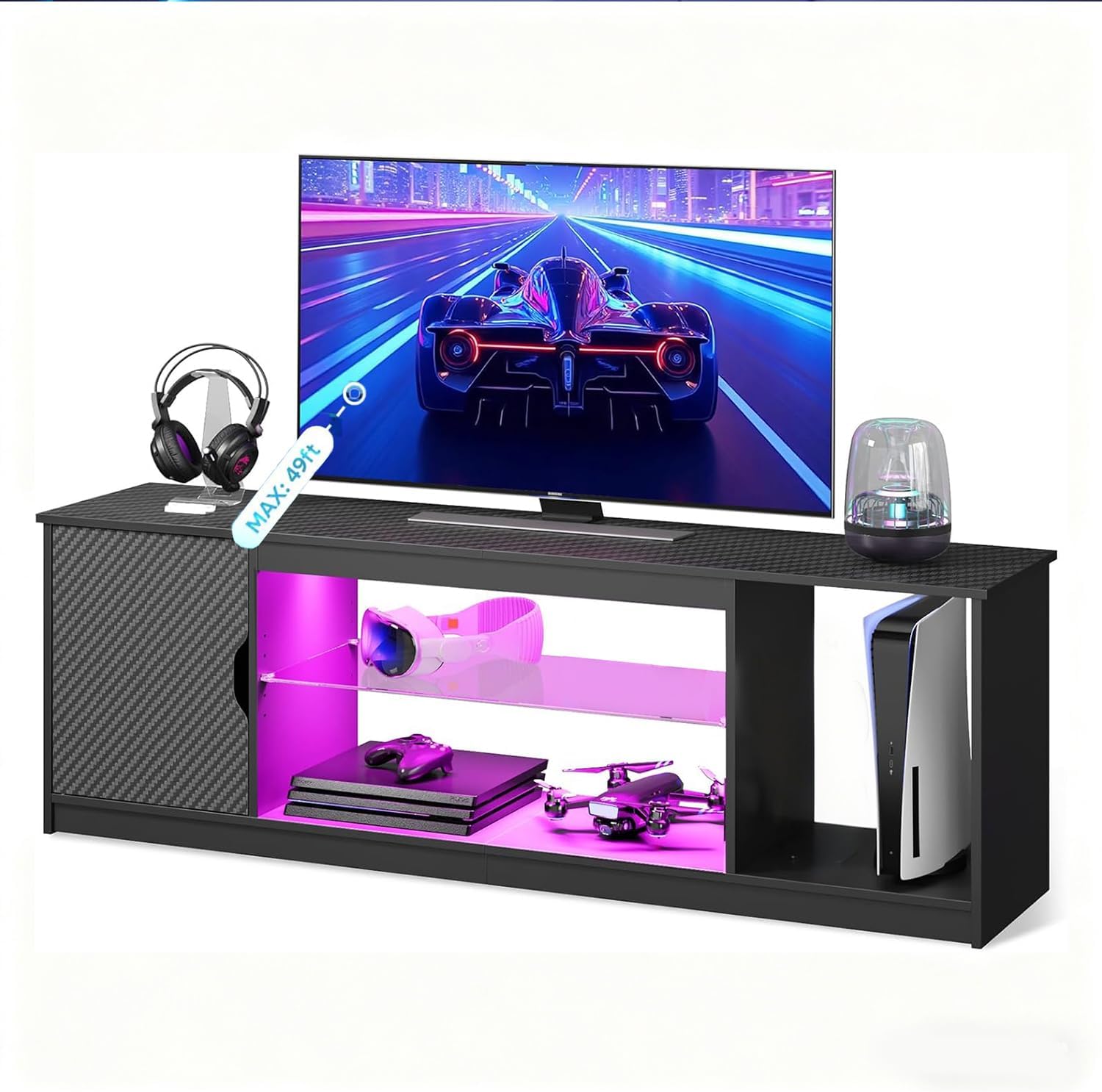 Bestier 57" LED TV Stand for 55/60/65 Inch TVs - Gaming Entertainment Center with RGB Lights, Adjustable Glass Shelves & Cabinet for PS5/Xbox, Modern Black TV Console for Living Room