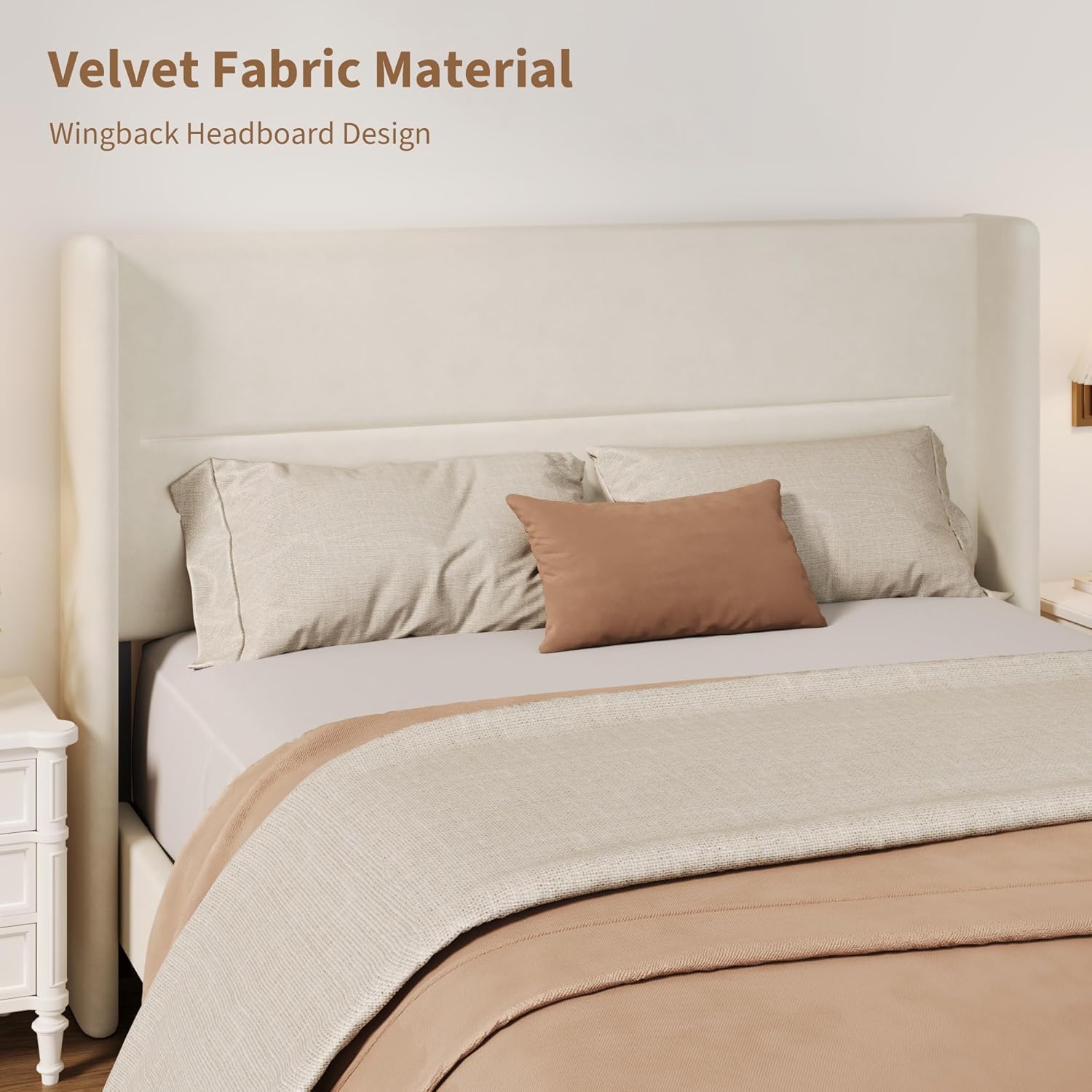 Garvee Queen Size Bed Frame with Wingback Headboard, Velvet Upholstered Platform Bedframe with Wood Slats, No Box Spring Needed, Easy Assembly, Beige
