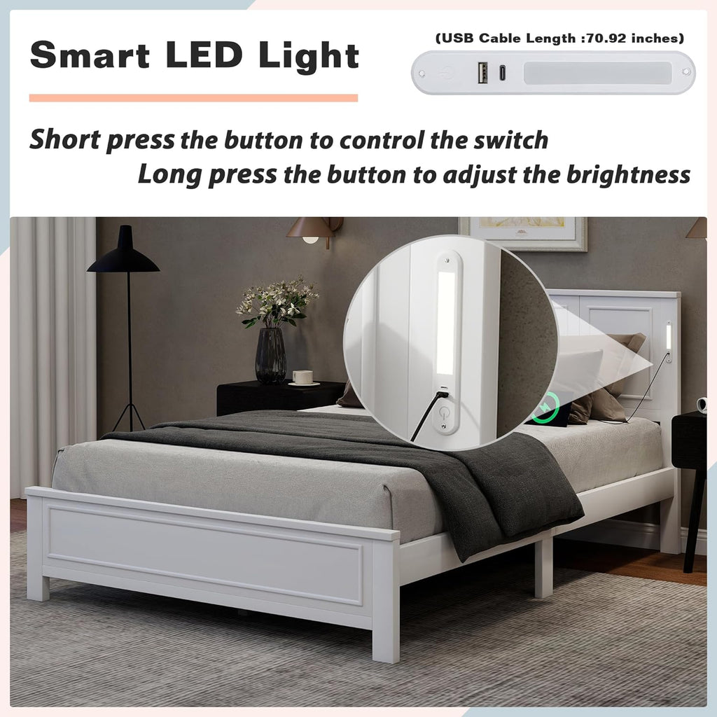 Queen Size Platform Bed Frame, Heavy Duty Pinewood Bedframes with Tall-Panel Headboard and Footboard, Built-in LED Lights/USB Charging Station/No Box Spring Needed, White