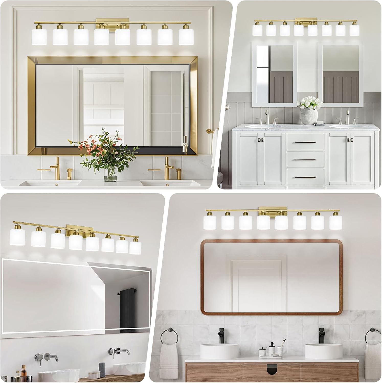 8 Light Bathroom Light Fixtures Gold for Big Mirror, Brushed Gold Vanity Lights for Bathroom with Milky White Frosted Glass Shades, 51 inch Wall Sconce for Mirrors Living Room Bedroom