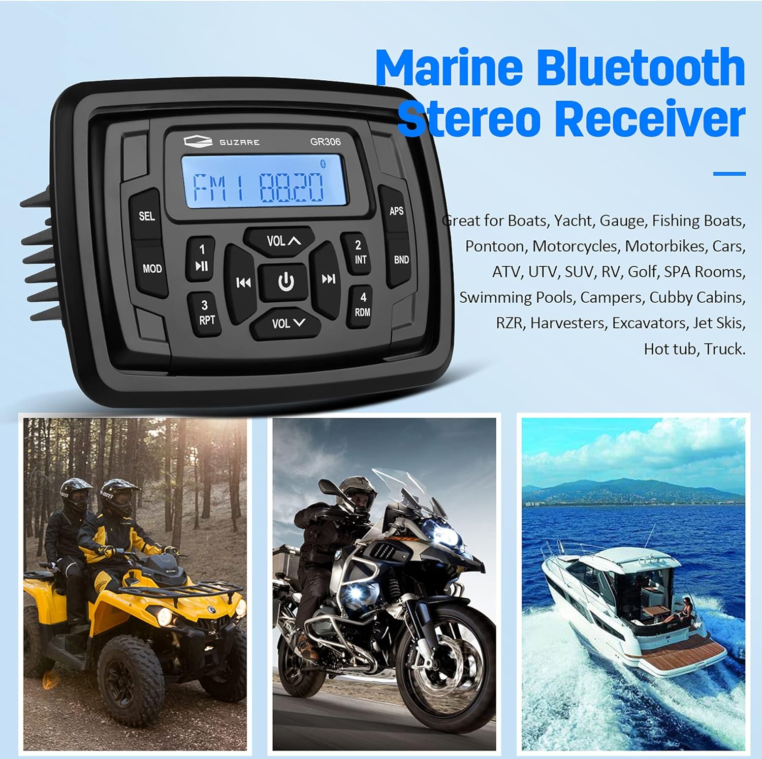 Boats Marine Radio Bluetooth and Speakers Audio System Package - Waterproof Marine Stereo Receiver+ 1 Pari 4 inches Black Speakers + Antenna for Boats ATV UTV Motorcycle 306.301B.056B