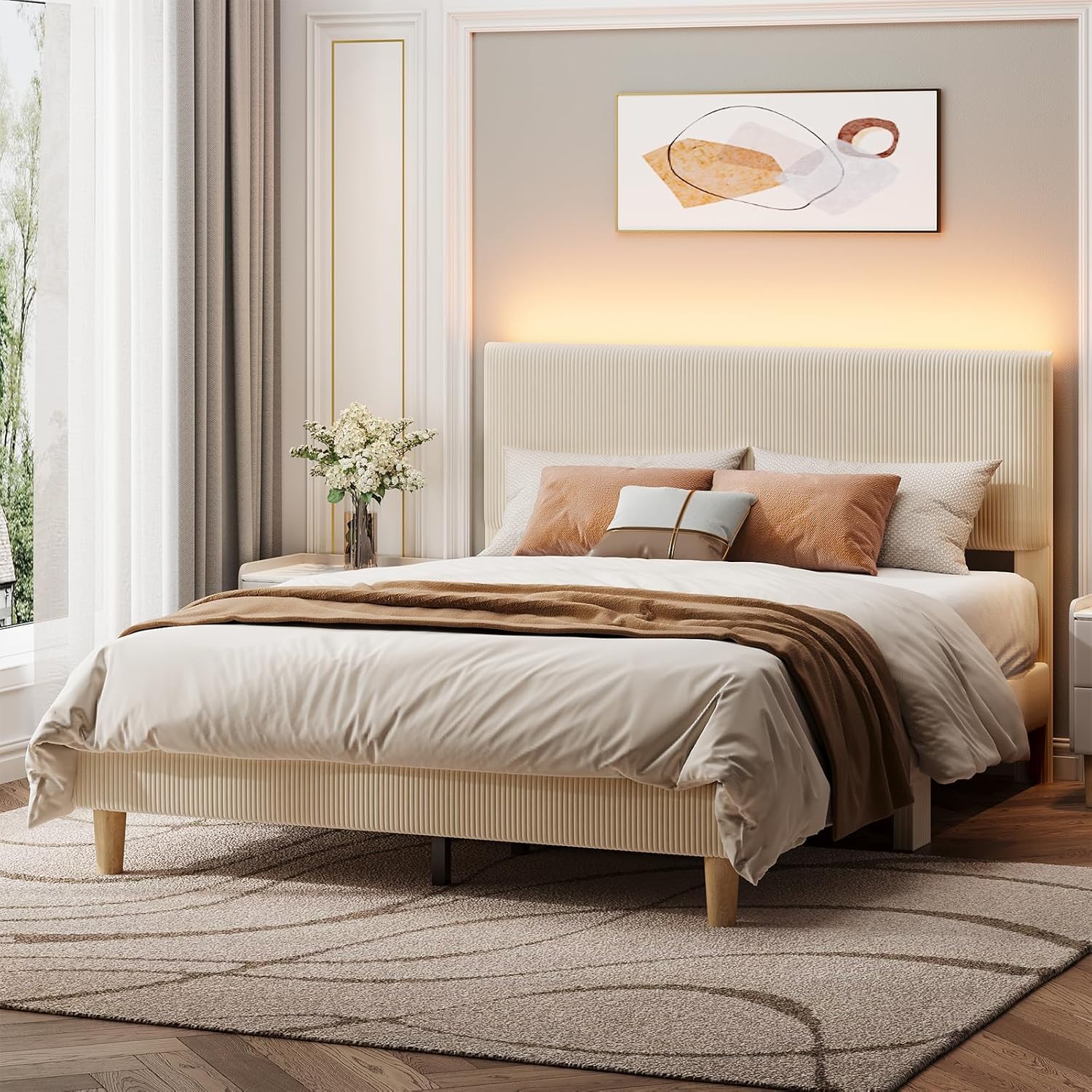 Bestier Queen Bed Frame with Headboard,Platform Queen Size Bed Frame with LED Lighting,Bed Frame Wooden Slats Support,No Box Spring Needed,Never Squeaks, Easy Assembly,Beige