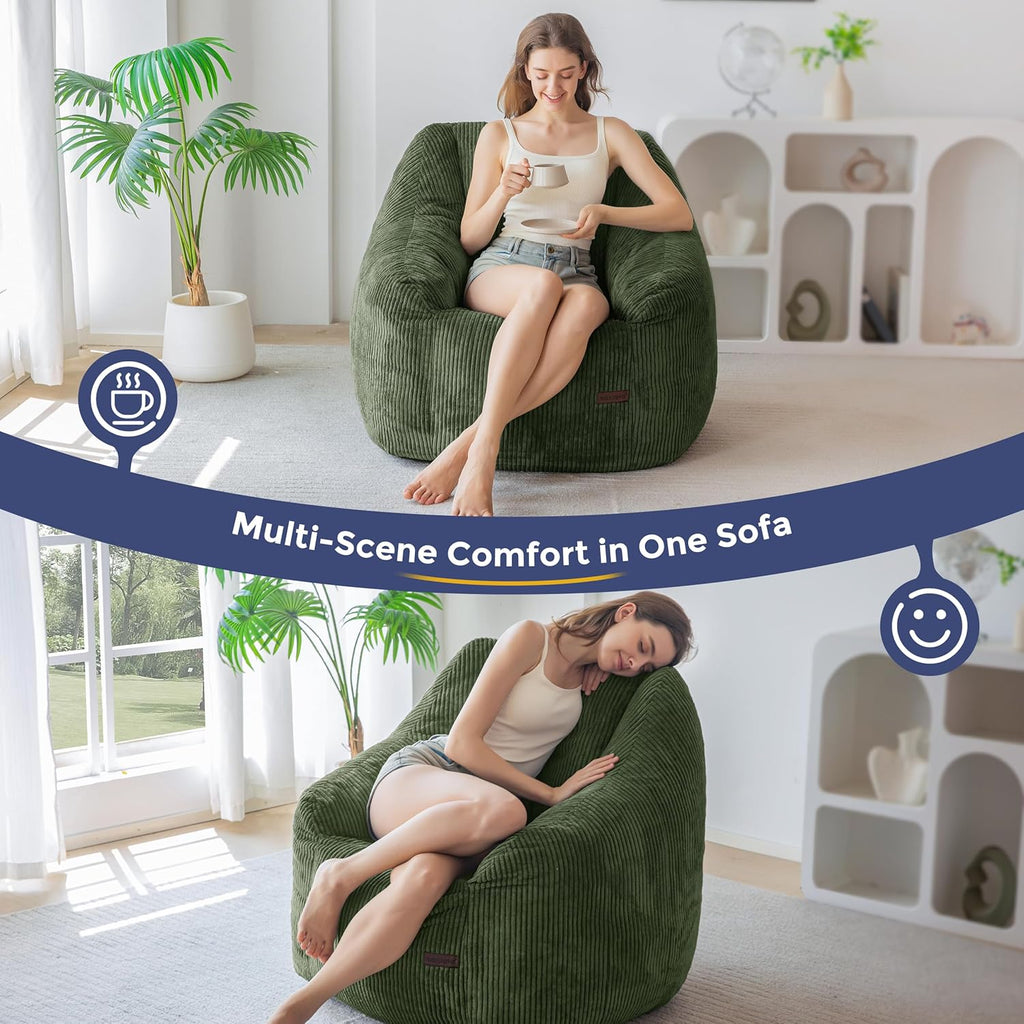 MAXYOYO Bean Bag Chair, Bean Bag Sofa with Filler, Cozy Living Room Chair for Adults and Kids, Stuffed Floor Sofa for Bedroom Dorm Reading, Dark Green