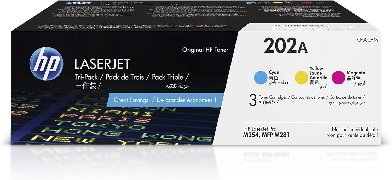 HP 202A Cyan, Magenta, Yellow Toner Cartridges Printers (3-Pack) | Works with Color LaserJet Pro M254, Color LaserJet Pro MFP M281 Series | CF500AM