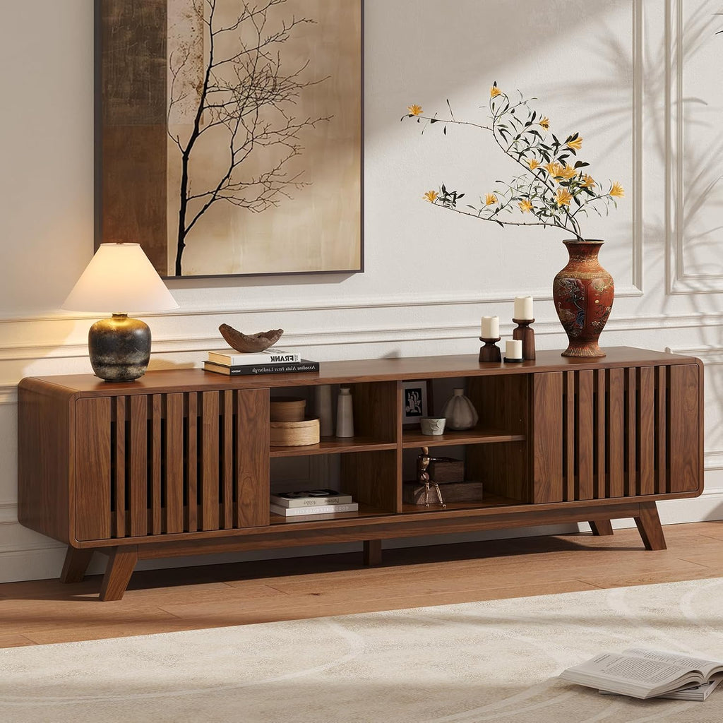 ONBRILL 70-Inch TV Stand for TVs up to 80 Inch, Mid-Century Modern Television Stand with Power Outlet . Entertainment Center with Sliding Grille Door Cabinets and Open Shelves for Living Room, Walnut