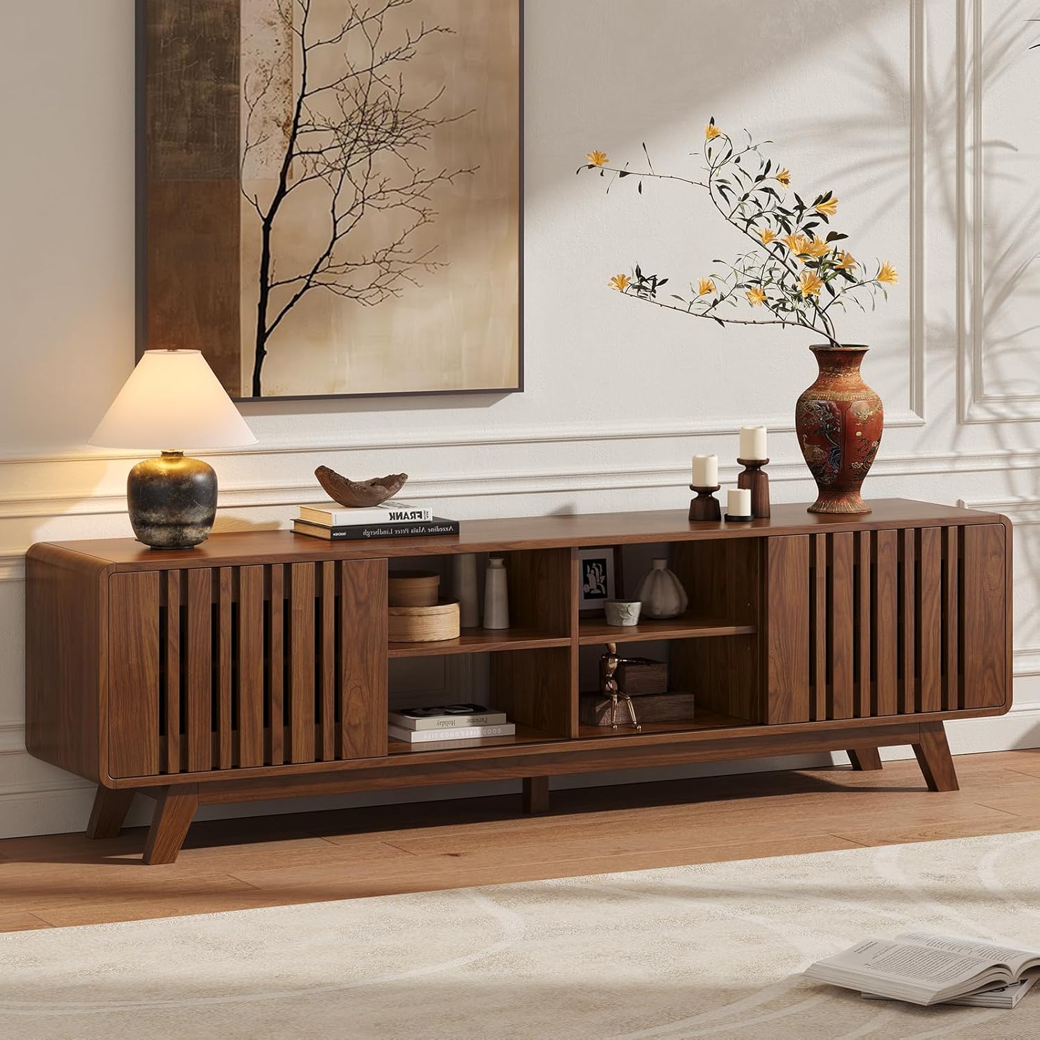 ONBRILL 70-Inch TV Stand for TVs up to 80 Inch, Mid-Century Modern Television Stand with Power Outlet . Entertainment Center with Sliding Grille Door Cabinets and Open Shelves for Living Room, Walnut