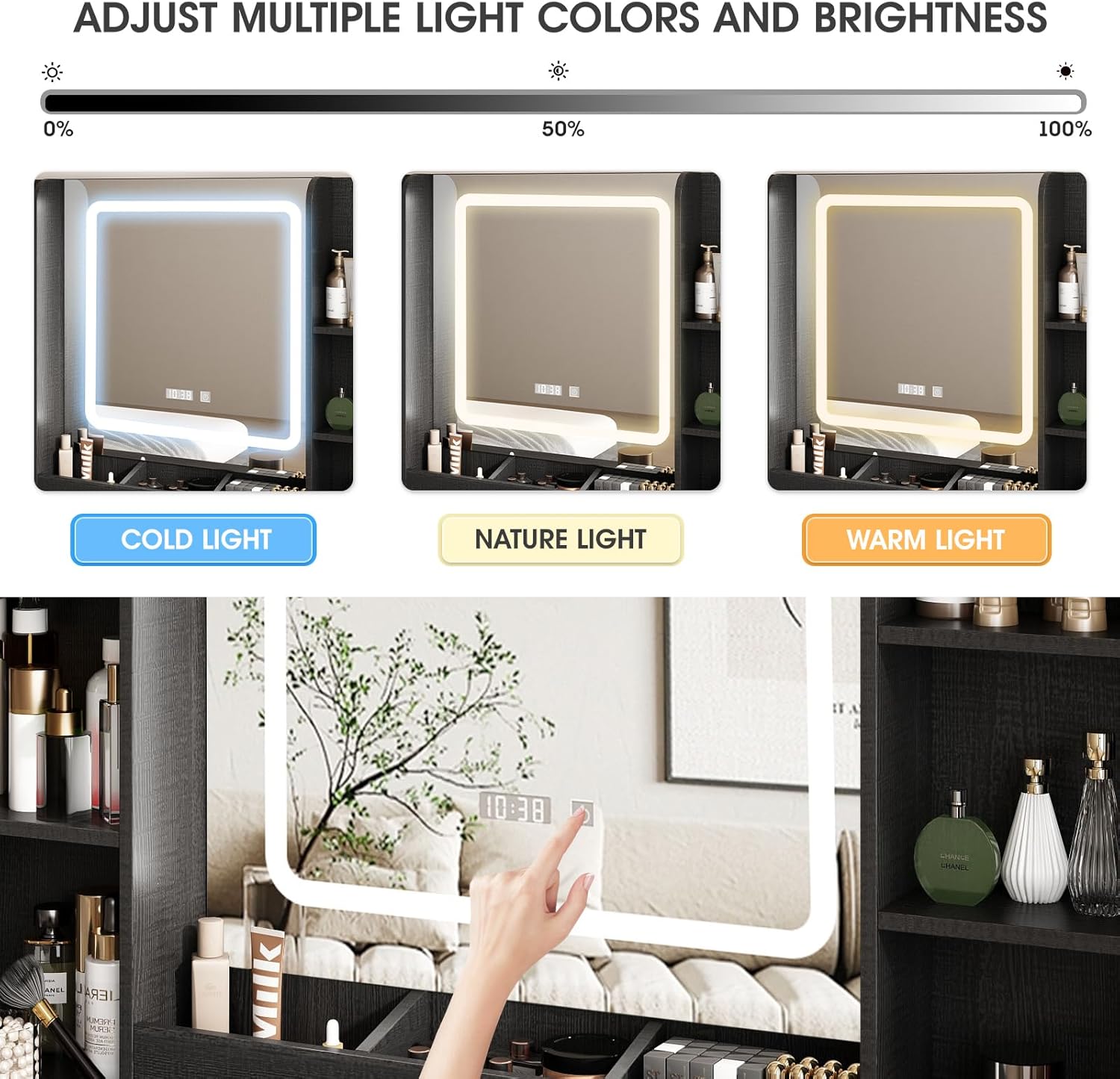 Vabches Black Vanity Desk, Vanity Mirror with Lights, Makeup Desk with Stool, Makeup Table with Large Storage Drawers and Shelves, Time and Temperature Display, 3 Led Lighting Modes Adjustable
