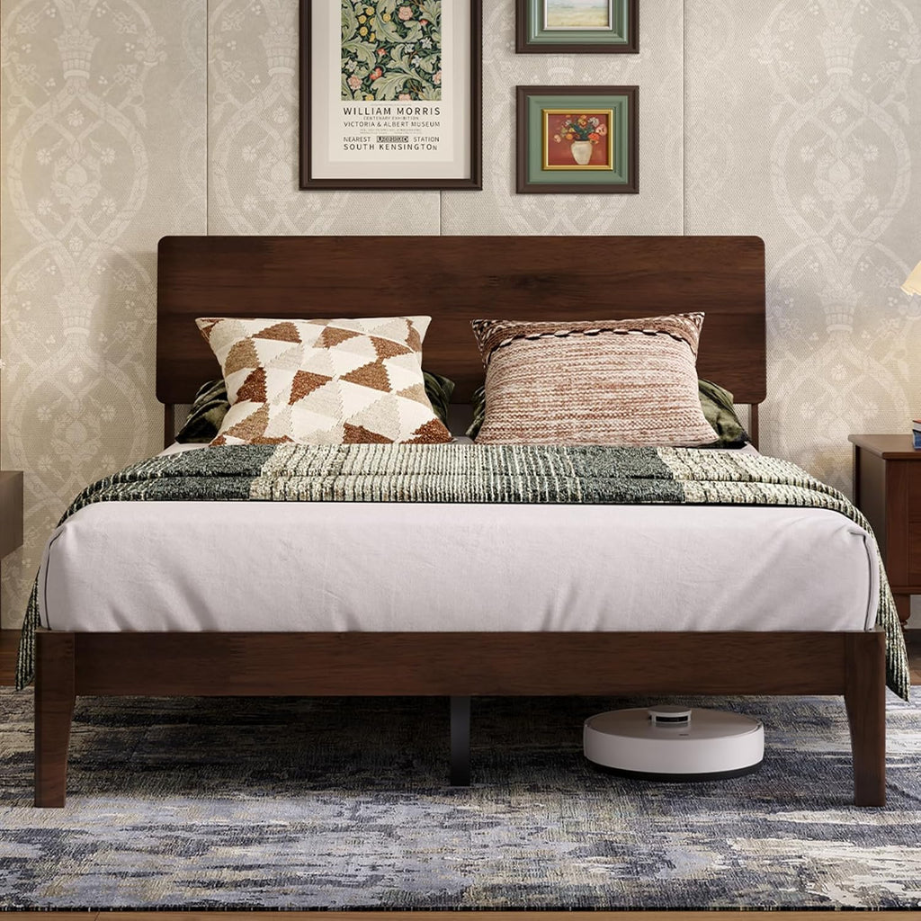 Novilla Queen Bed Frame with 3-Level Adjustable Storage Headboard, Solid Wood Platform Bed Frame with Slats, No Box Spring Needed, Noise Free, Walnut Finish for Master Bedroom and Guest Room