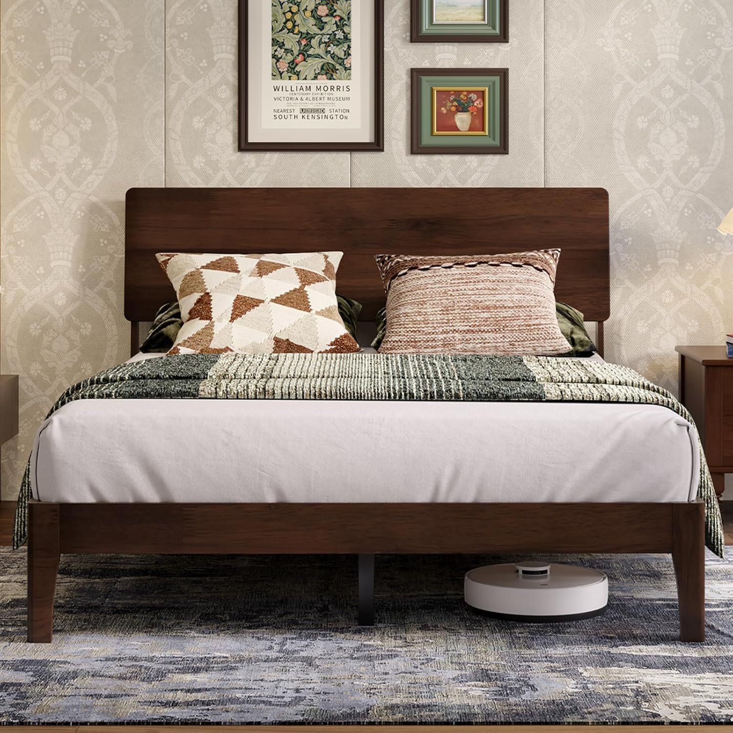 Novilla Queen Bed Frame with 3-Level Adjustable Storage Headboard, Solid Wood Platform Bed Frame with Slats, No Box Spring Needed, Noise Free, Walnut Finish for Master Bedroom and Guest Room
