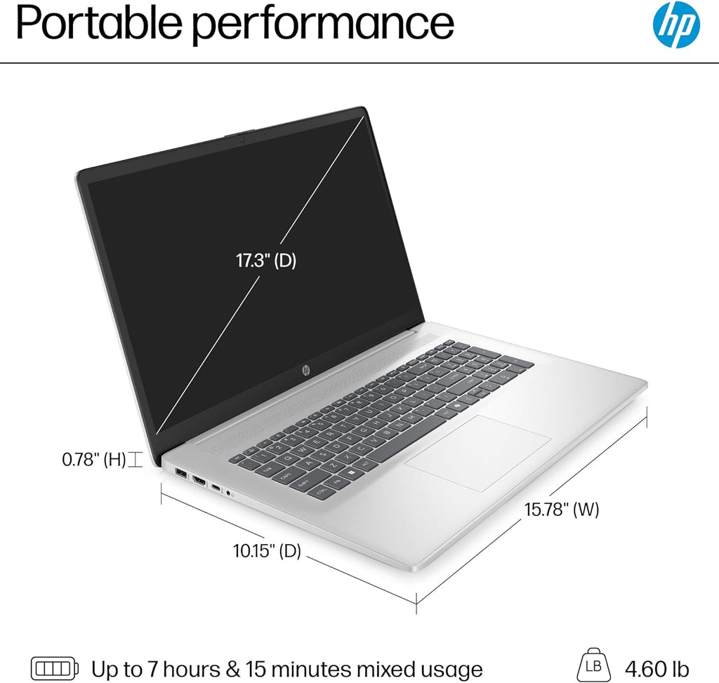 HP 17.3" Laptop Computer, Intel 13th 8-Cores i3-N305 Processor, 32GB RAM, 1TB PCI-E SSD, Windows 11 Pro, Free Lifetime MS Office • Copilot AI, 10-Key Number Pad, External DVD Drive, Natural Silver