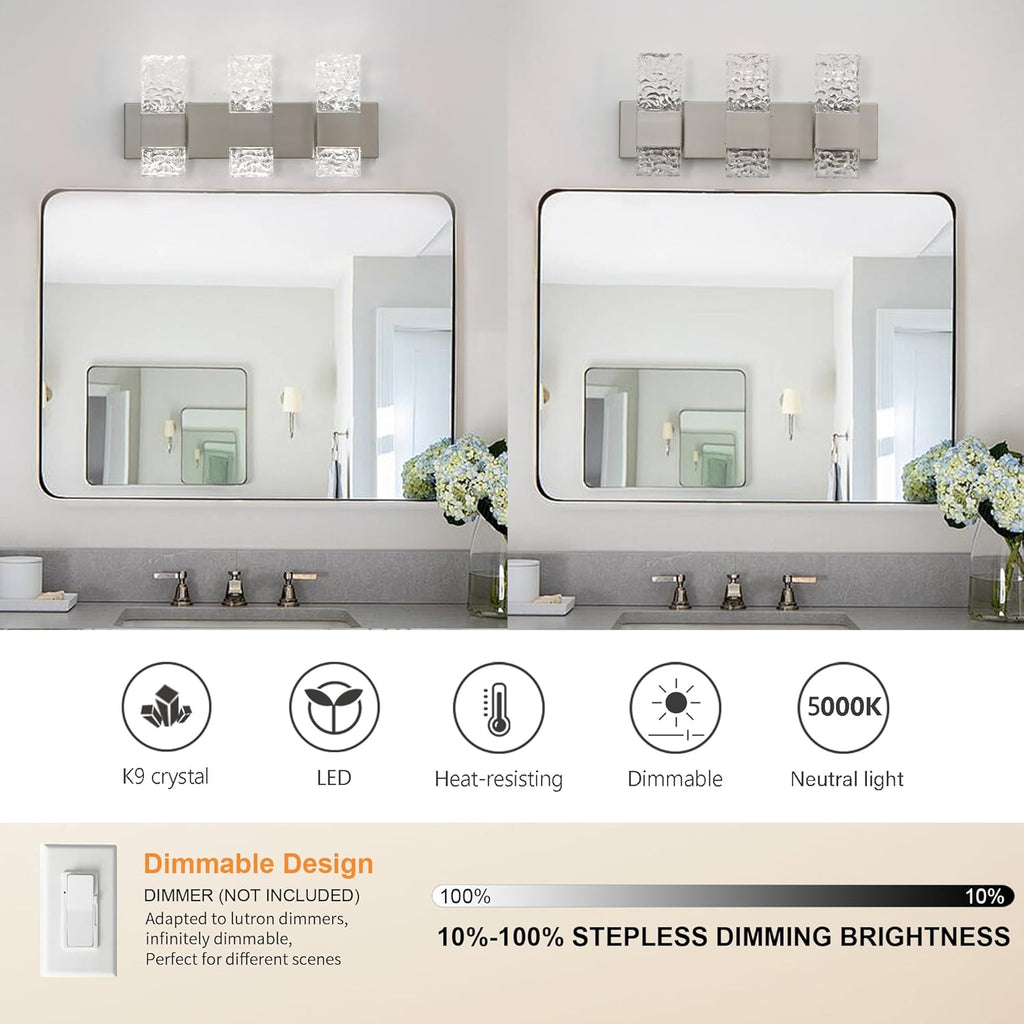 Modern Bathroom Vanity Light fixtures Over Mirror Brushed Nickel Crystal LED Bathroom Lighting fixtures 3 Lights 6000K