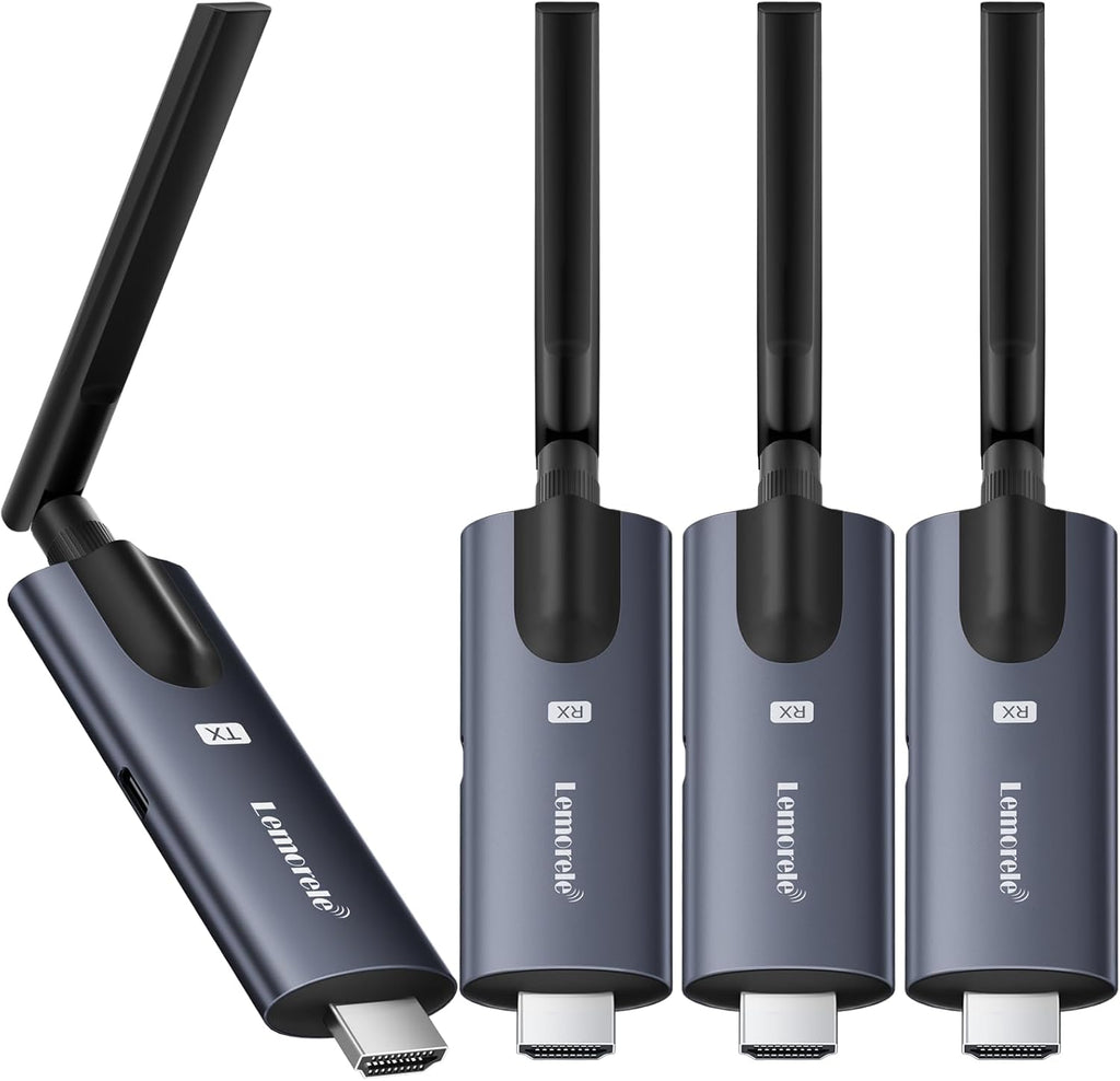 Lemorele Wireless HDMI Transmitter and Receiver, Aluminum Alloy Deep Gray, 5Ghz up to 656ft, 1080P 60Hz, Plug and Play with TuTuPlay App Monitor, for Security, Streaming, Home Theater, PC/TV. 1TX+3RX