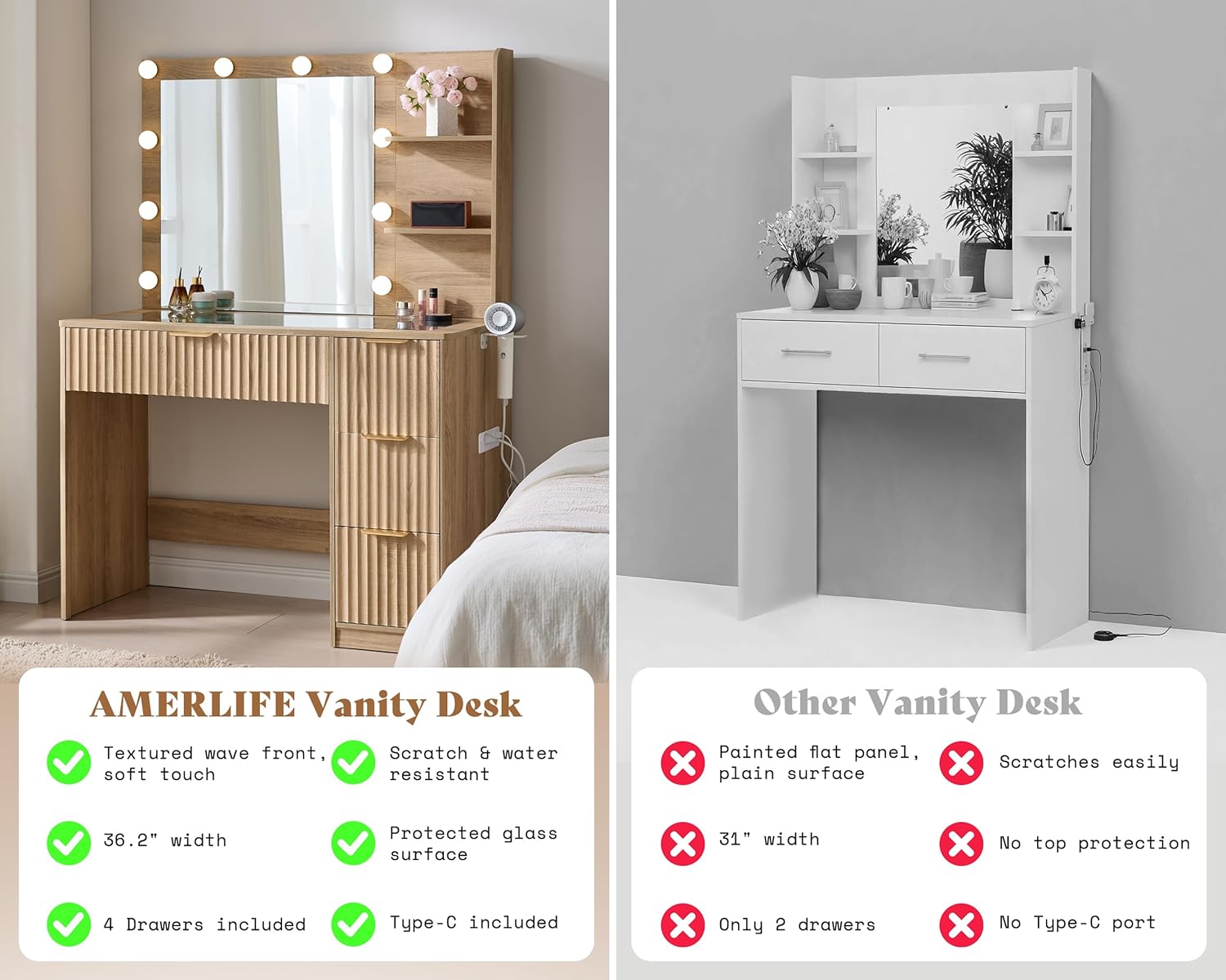 AMERLIFE 36.2" Fluted Vanity Desk with Mirror and Adjustable LED Lights, Large 4 Drawers Makeup Vanity Table with Glass Top and Charging Station for Women and Girls, Bedroom or Dorm, Natural Oak