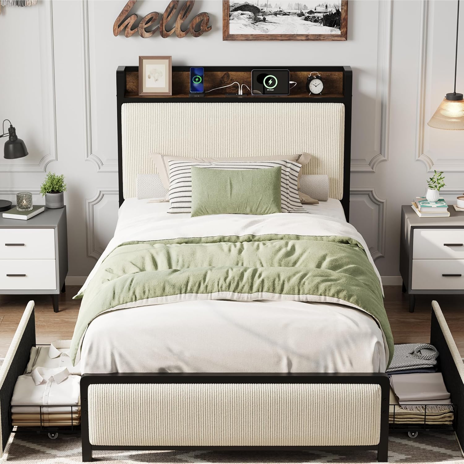 Twin Size Bed Frame with 2 Storage Drawers and Charging Station, Rustic Linen Upholstered Platform Bedframe with Storage Headboard, Heavy Duty, No Box Spring Needed, Easy Assembly, Noise Free, Beige