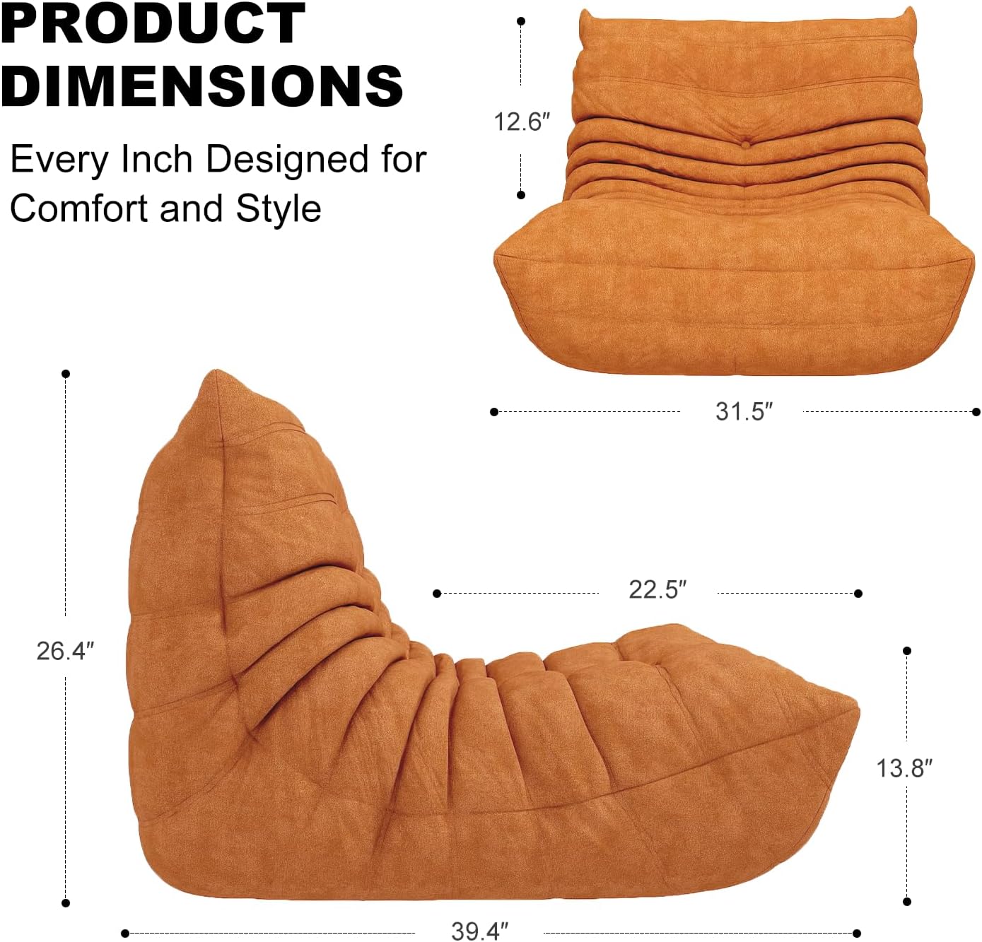 Snug Sofee Bean Bag Chair for Adults, Bean Bag Sofa - Adult Size with Soft Waterproof Fabric for Living Room, Apartments, Reading Corner, Gaming, and Movie Venue (DarkOrange)