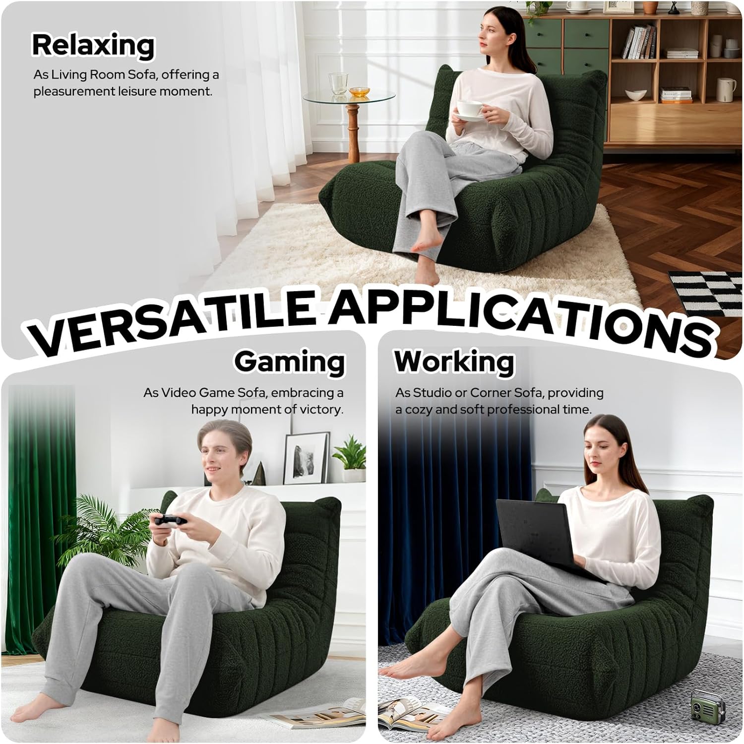 HABUTWAY Bean Bag Chairs Fireside Lazy Floor Sofa, Soft Teddy Fleece Bean Bag Sofa with High-Resilience Foam Filling .Beanbag for Living Room, Bedroom, Office (Green Teddy)