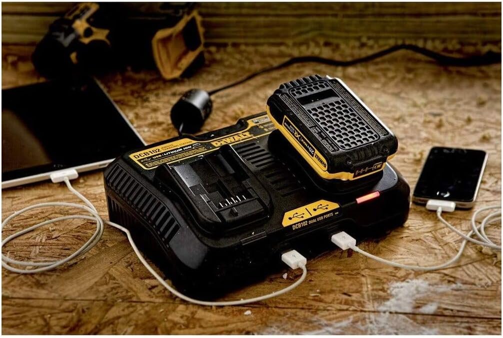 DEWALT 12/20V MAX Battery Charger, Corded, Dual Charging Station, 2-USB Ports Included (DCB102)
