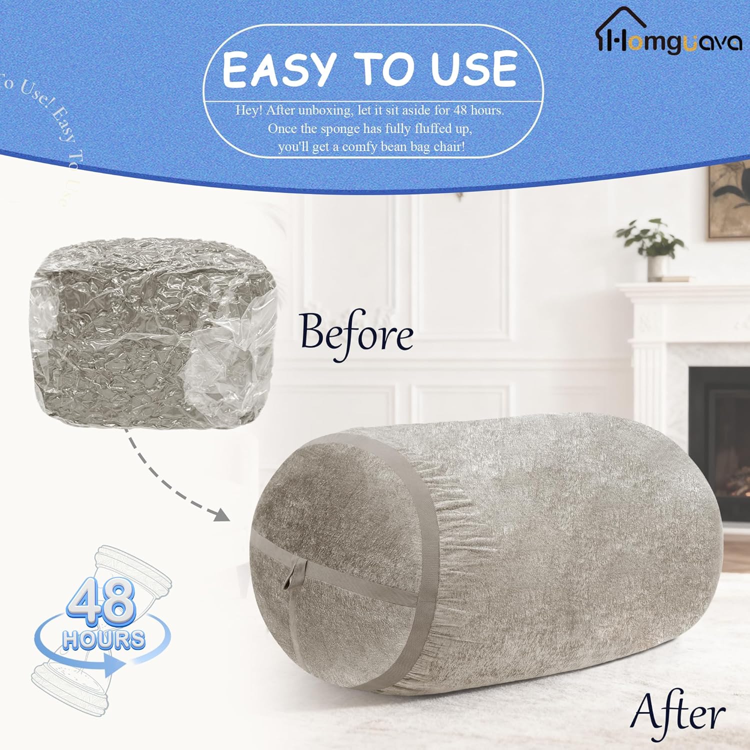 Homguava 5FT Bean Bag Chair Giant Bean Bag Chairs for Adults with Memory Foam Filled,Beanbag Chair with Soft Faux Fur Cover,Comfy Bean Bag Sofa Lounger for Living Room,Game Room,Bedroom