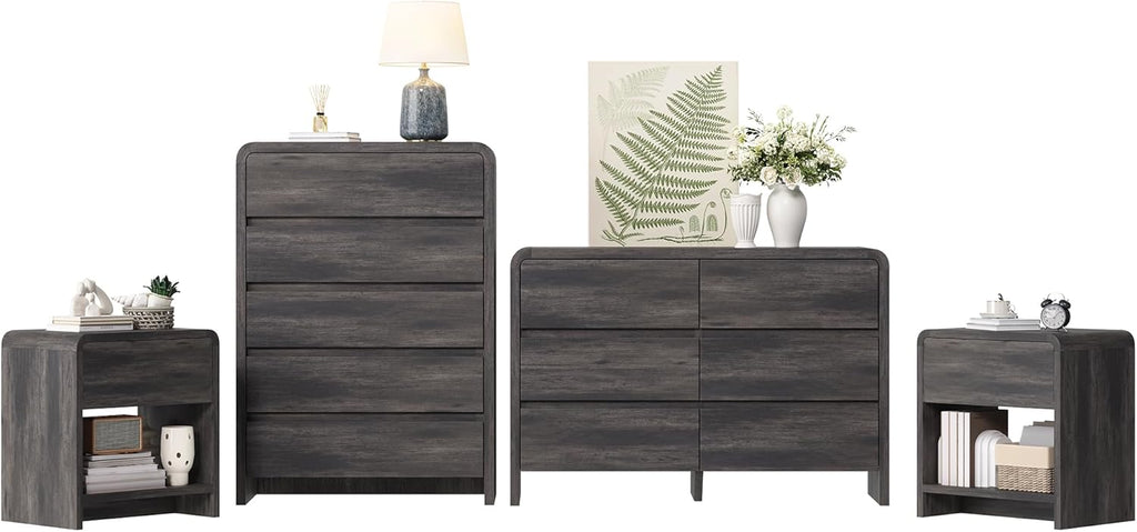Modern 4-Piece Bedroom Furniture Set with 5-Drawer Dresser, 6-Drawer Dresser and 2 Nightstands, Large Storage Capacity, Rounded Corners, Flexible Combination Design, Anti-Tip Kit Included, Black