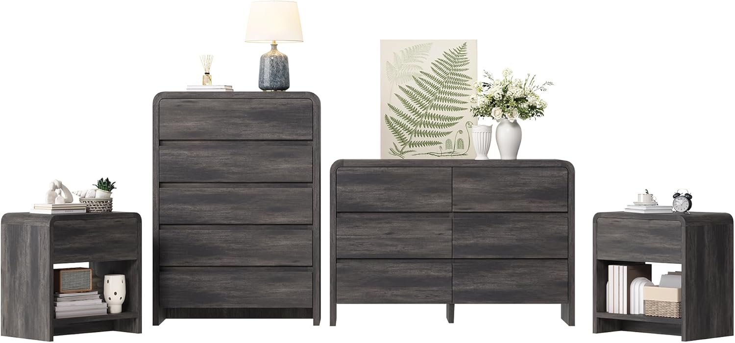 Modern 4-Piece Bedroom Furniture Set with 5-Drawer Dresser, 6-Drawer Dresser and 2 Nightstands, Large Storage Capacity, Rounded Corners, Flexible Combination Design, Anti-Tip Kit Included, Black