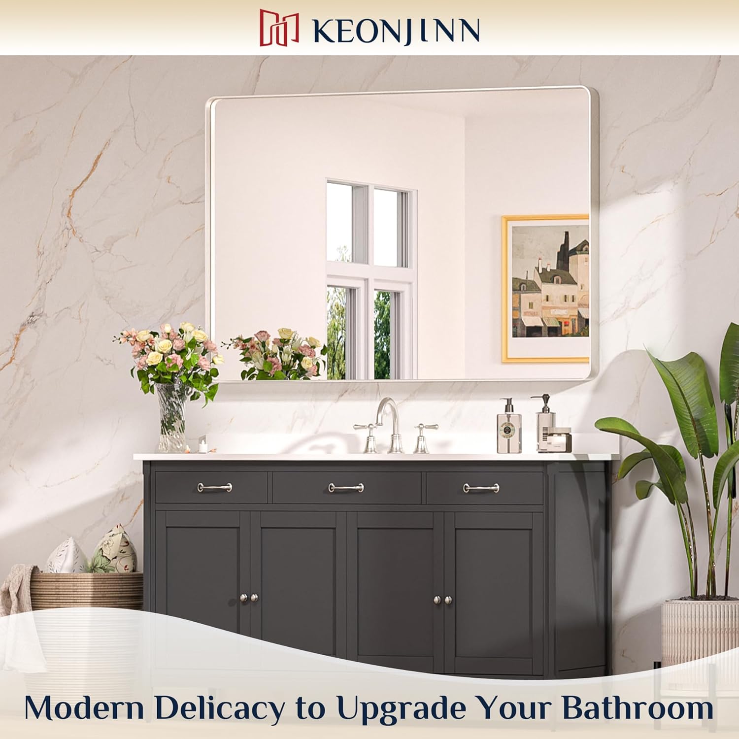 Keonjinn 48 x 36 Brushed Nickel Bathroom Vanity Mirror, Large Rounded Rectangle Bathroom Mirrors for over Sink, Metal Framed Silver Mirror for Wall, Shatterproof HD Tempered Glass(Horizontal/Vertical)