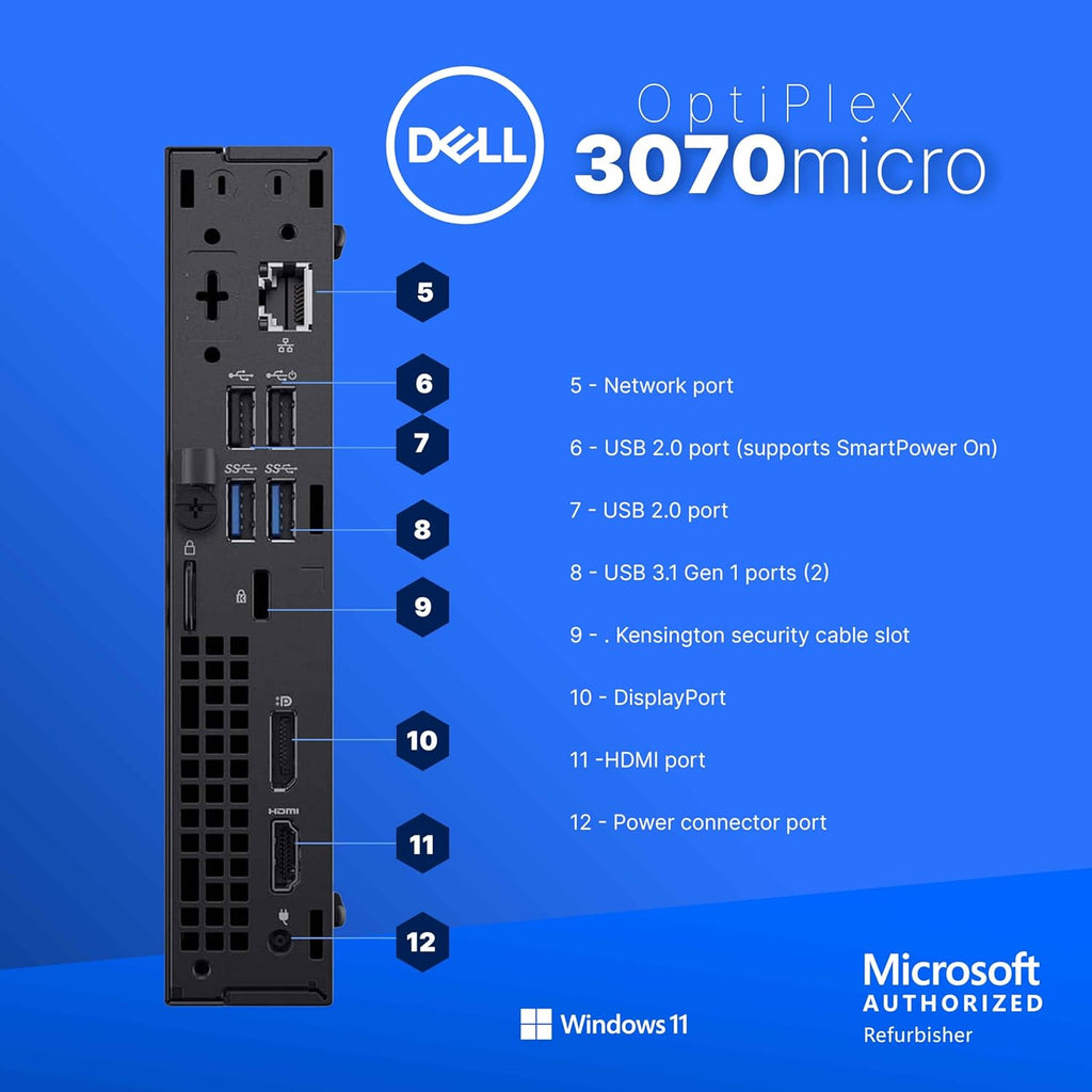 Dell Optiplex 3070 Micro PC | Windows 11 Pro | Intel i5-9500 | 8GB RAM + 250GB SSD | 5G WiFi + BT | Mini Desktop Computer (Renewed)